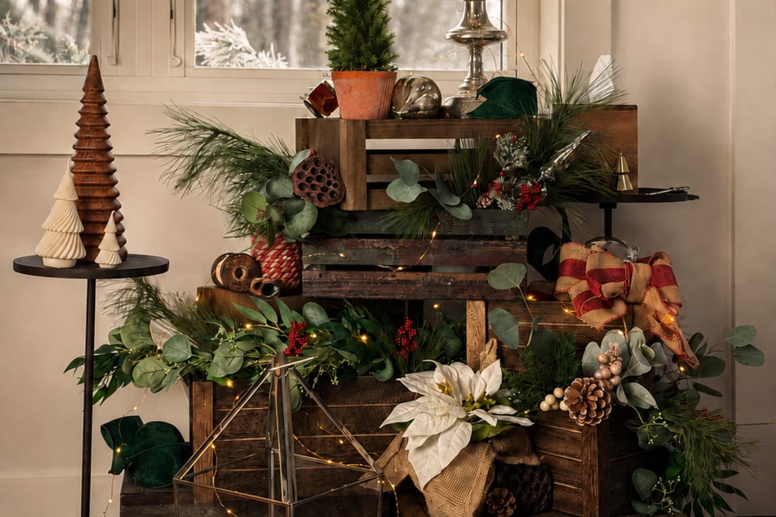 Stacked wood, trailing greens, berries, seed pods, and warm points of light create a layered composition that feels gathered over time.