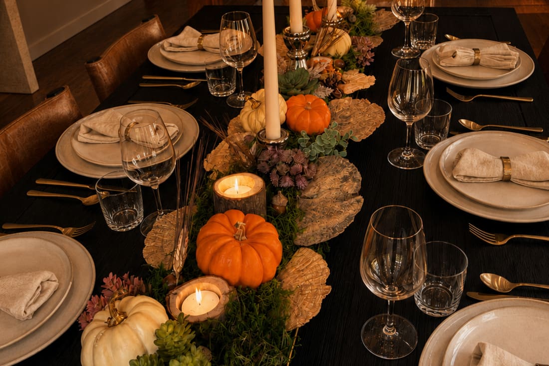 Candlelight deepens the palette. Glass catches the flame, sculptural forms cast shadows, and the table settles into the warmth of the gathering.