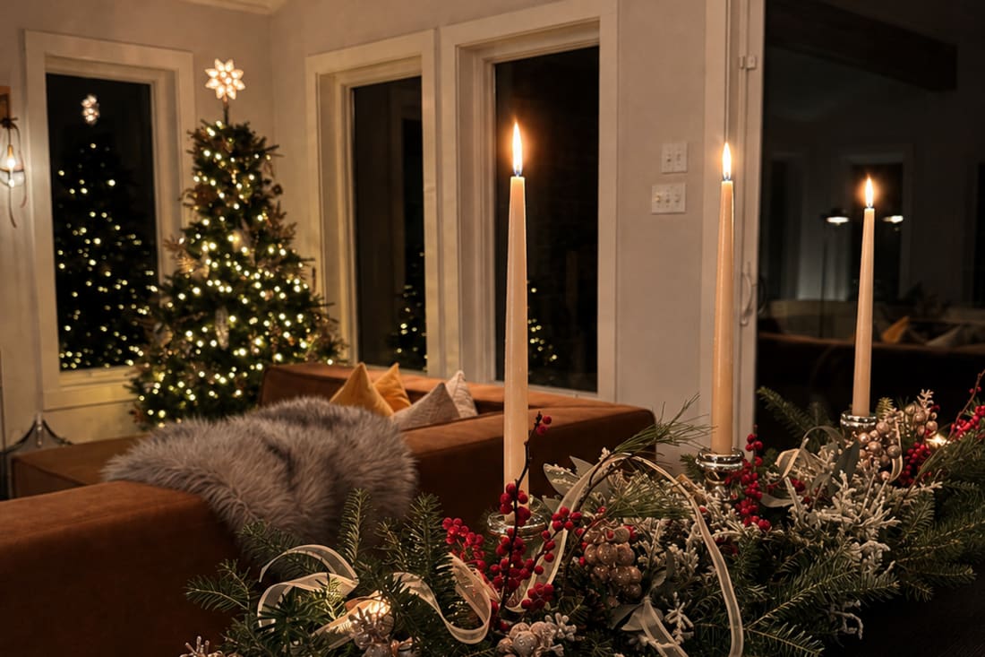 As daylight recedes, the greenery becomes deeper, the silvered details begin to catch the light, and candlelight takes over.