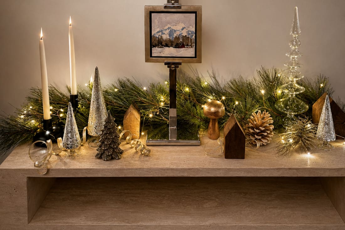 Pine, candlelight, carved wood, and clear glass transform a simple console into a small winter landscape.