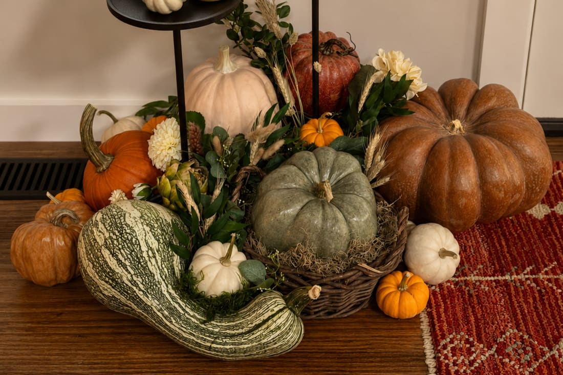 Sculptural pumpkins, gourds, flowers, and grasses transform a quiet corner into a layered autumn still life.