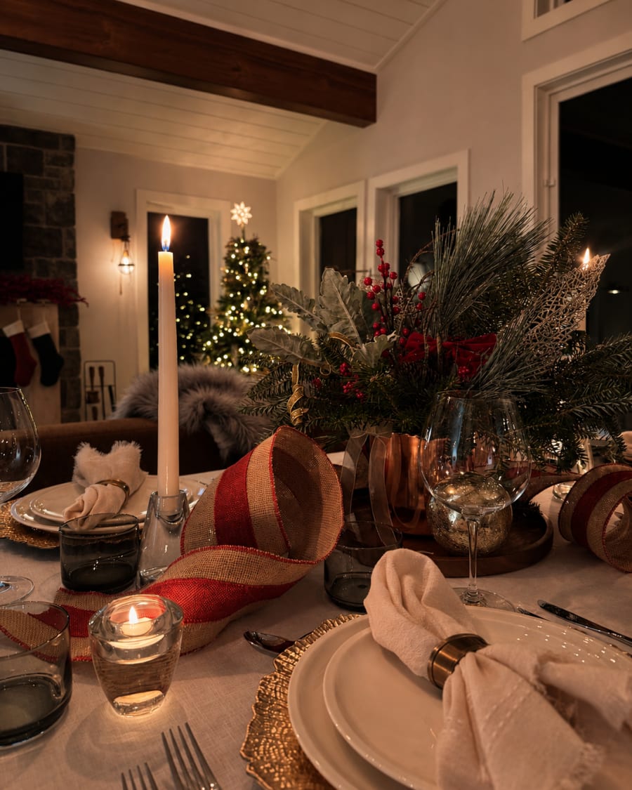 A Catskills home dressed for Christmas with evergreen, berries, velvet ribbon, and candlelight.
