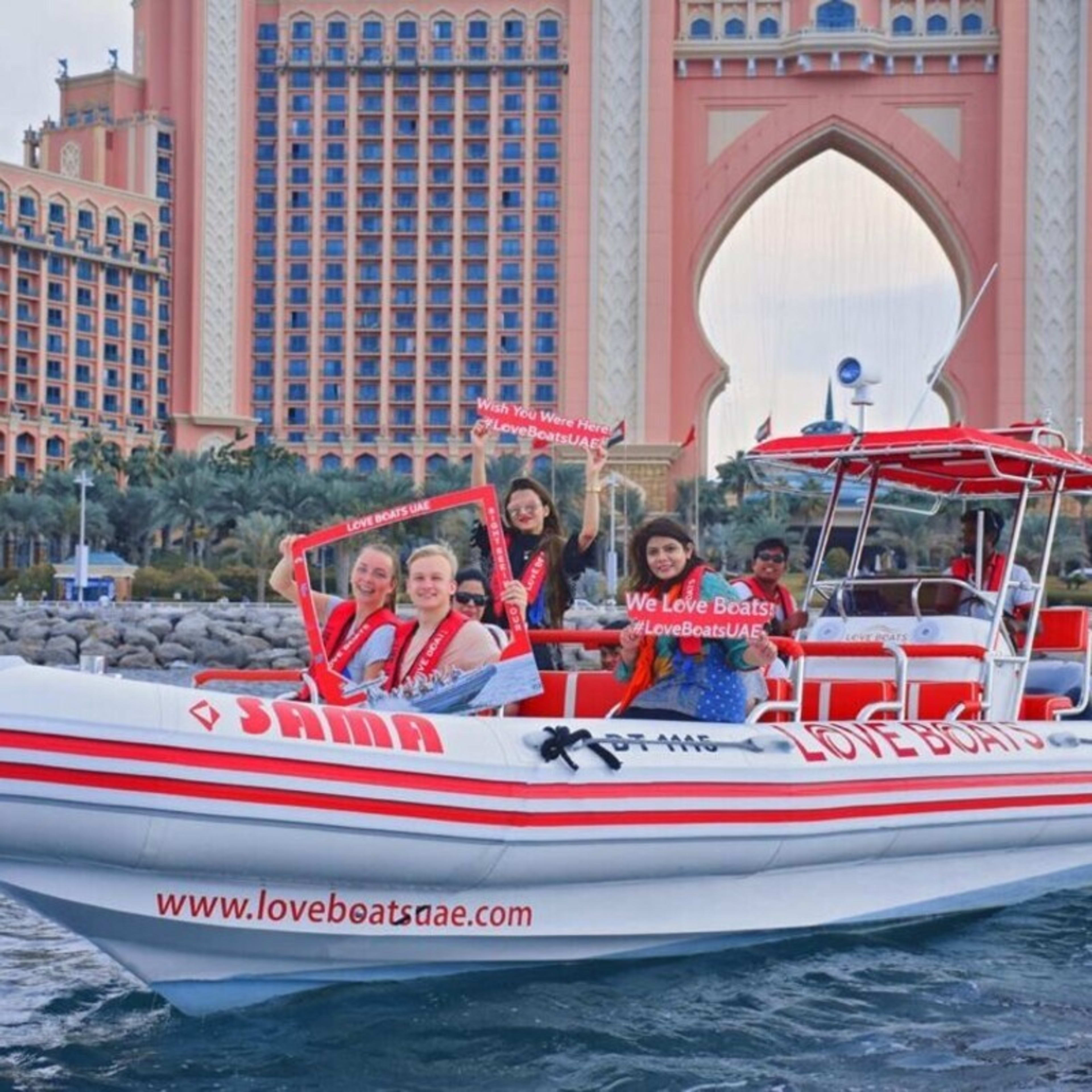 Love Boats speedboat tour pausing for photos in front of Atlantis The Palm, Dubai.