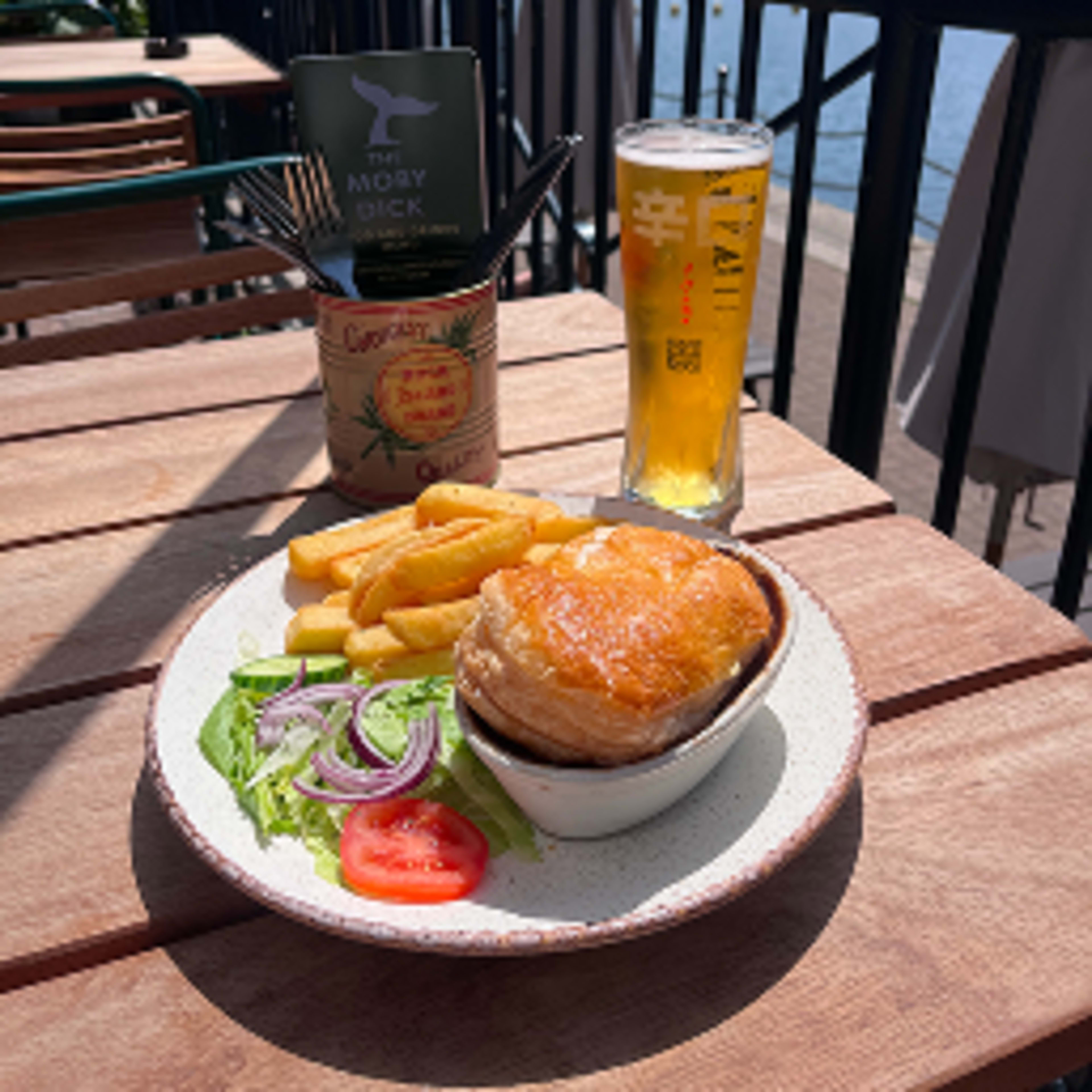 Steak & Ale Pie with Beer at a Waterside Pub