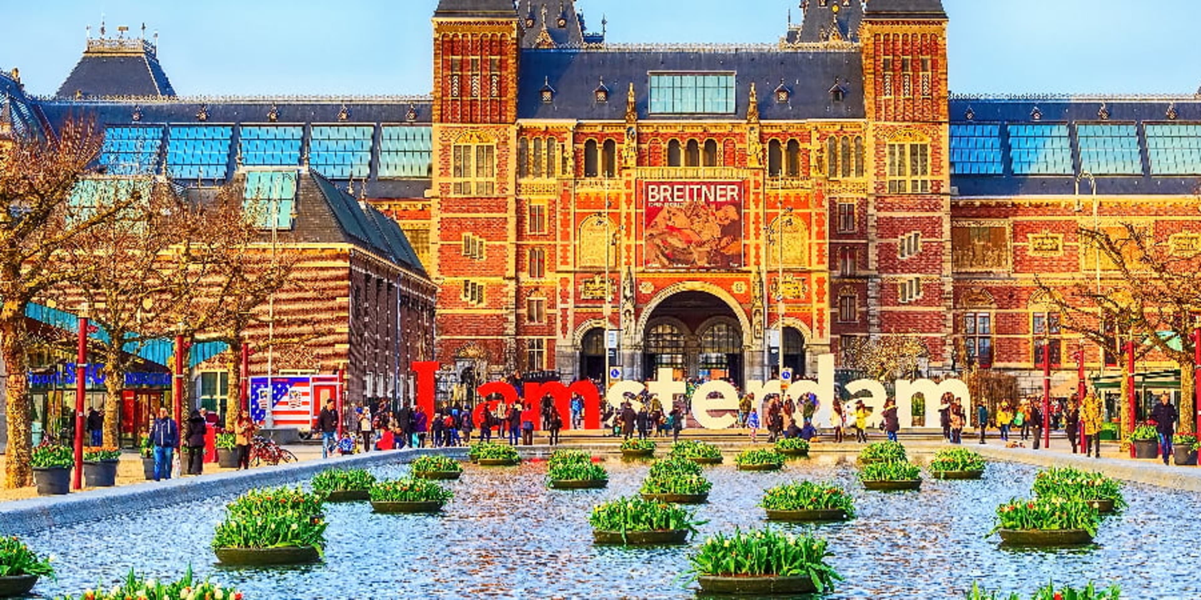 Flowerbeds floating on water in front of Rijksmuseum