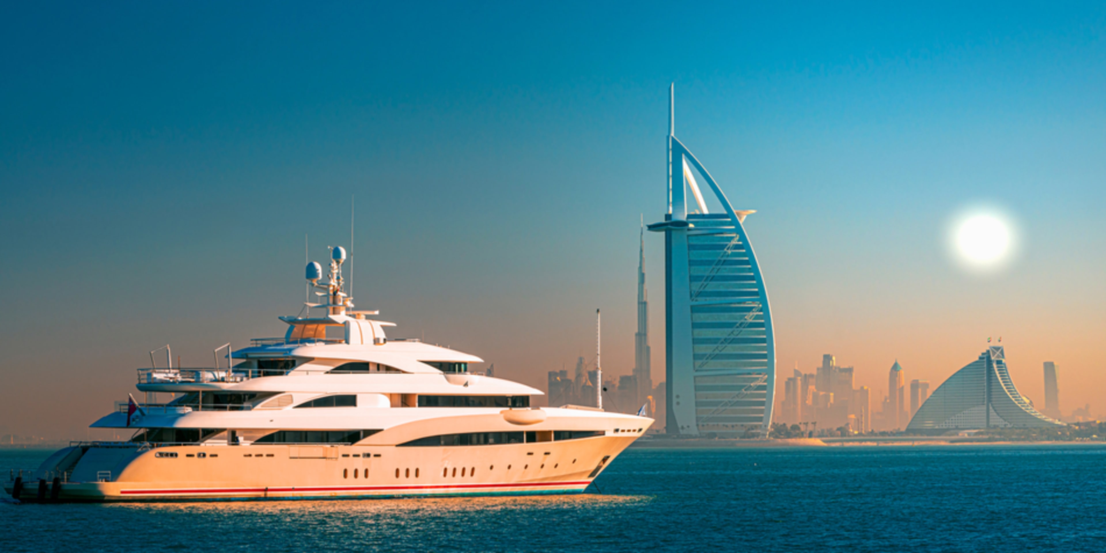 Dubai skyline and the iconic Burj Al Arab in the morning light