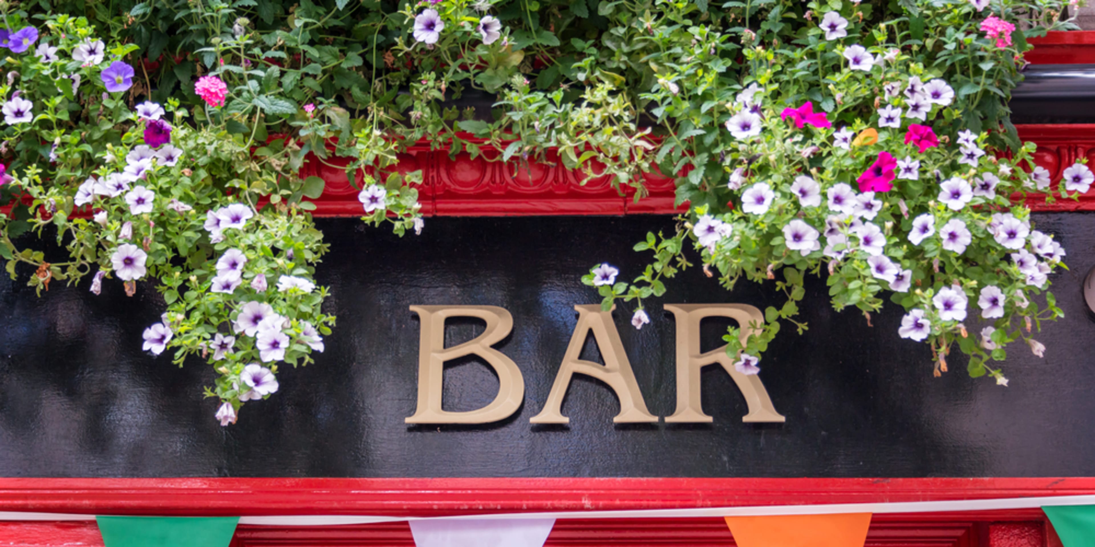 Colorful bar sign with flowers in Dublin