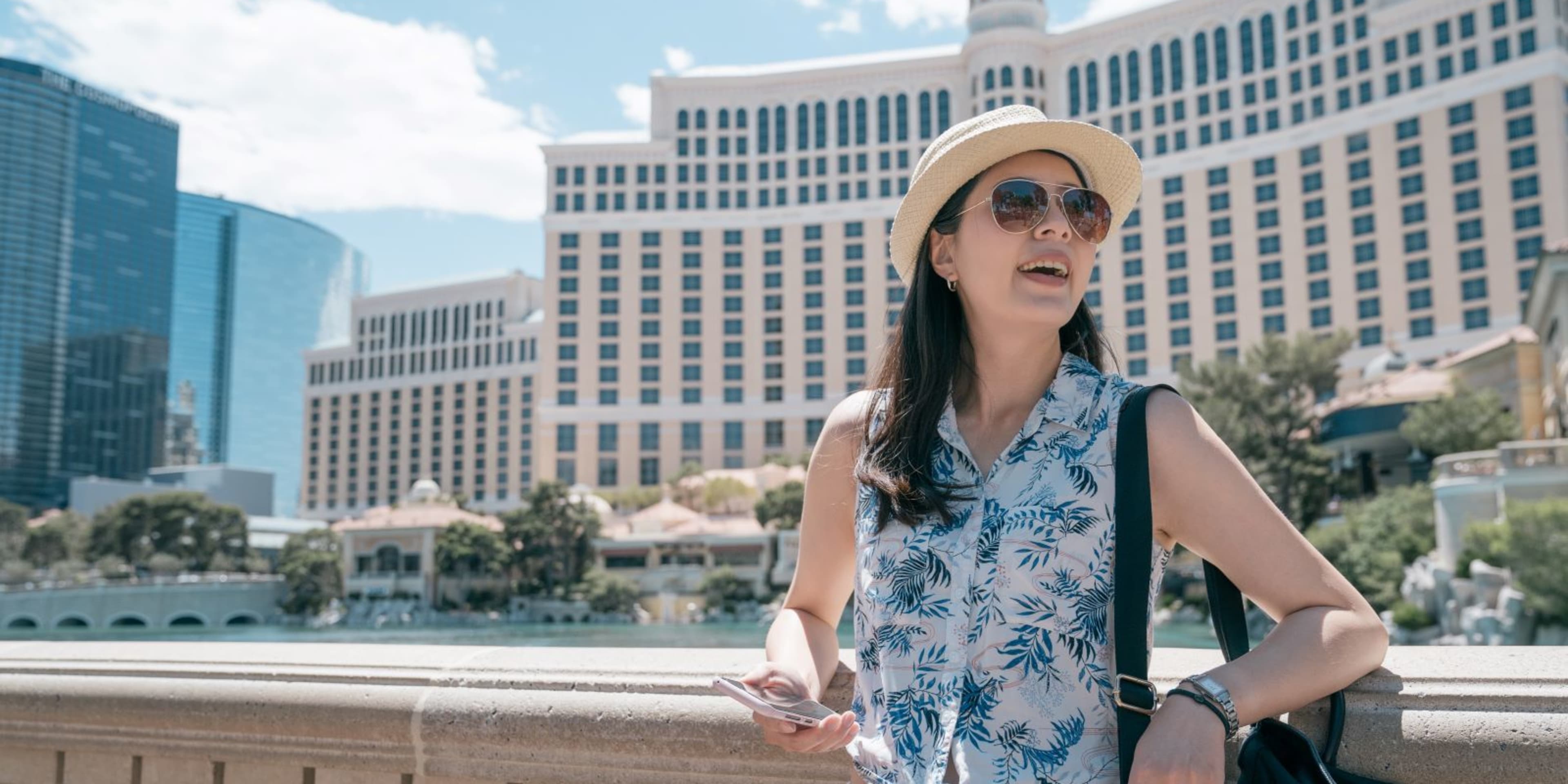 solo tourist at the Bellagion fountains in Las Vegas