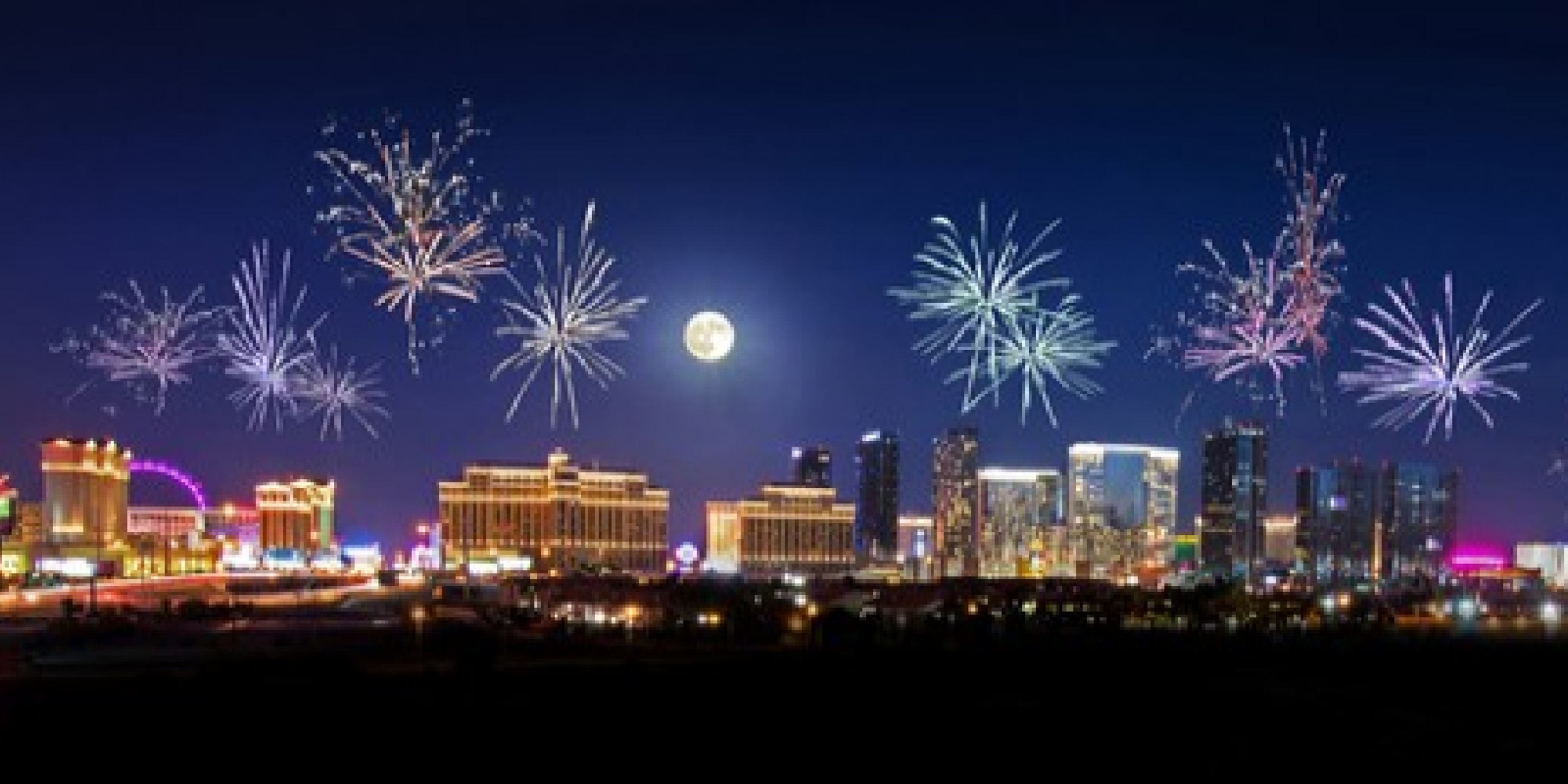 Vegas skyline with fireworks