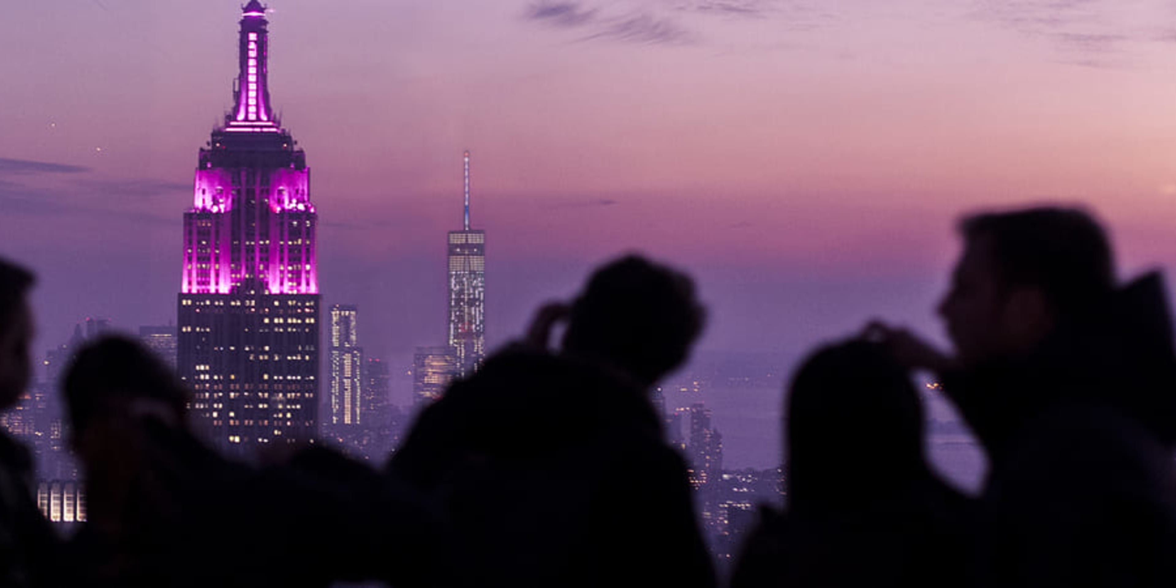 Twilight view of the Empire State Building from Top of the Rock, New York.