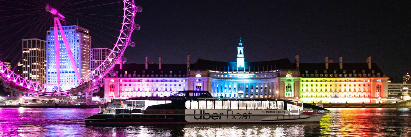 Uber Boat by Thames Clippers at night.