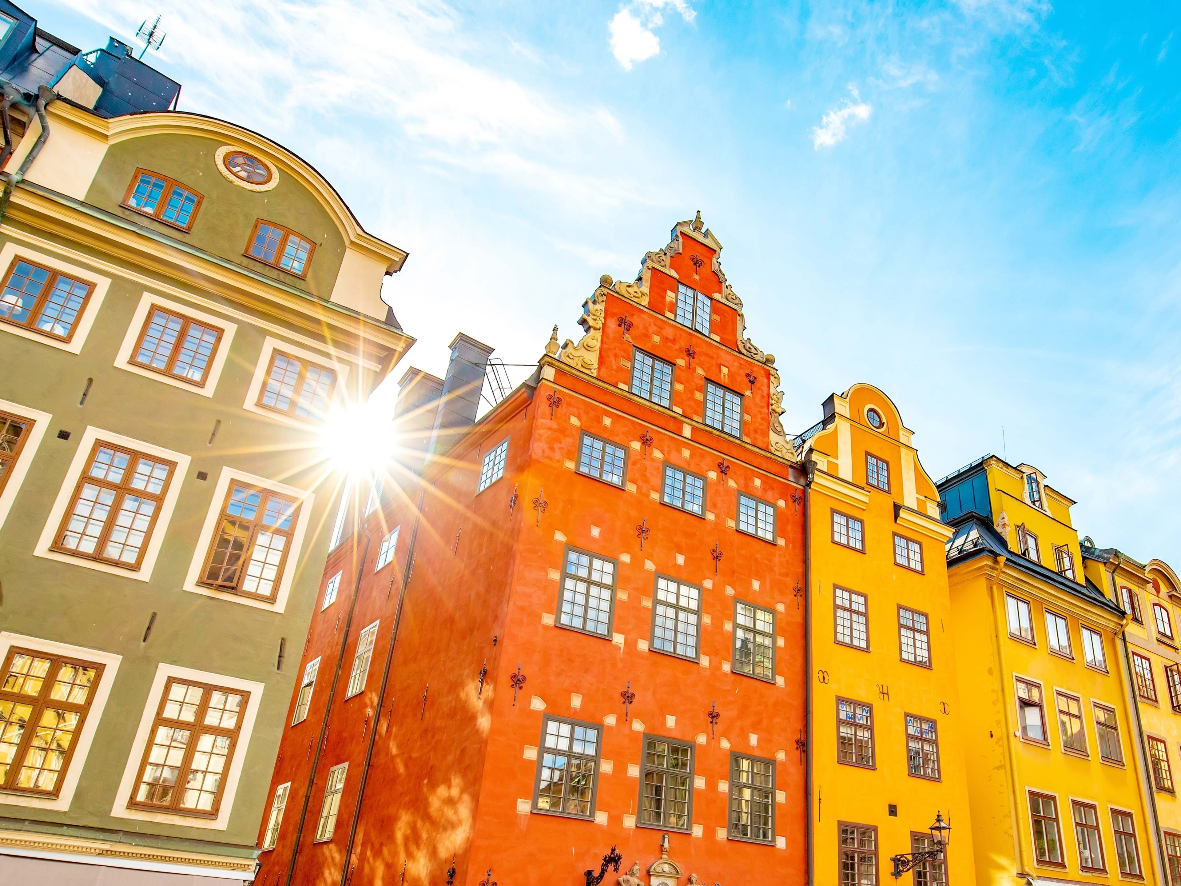 colorful gamla stan houses on a sunny day