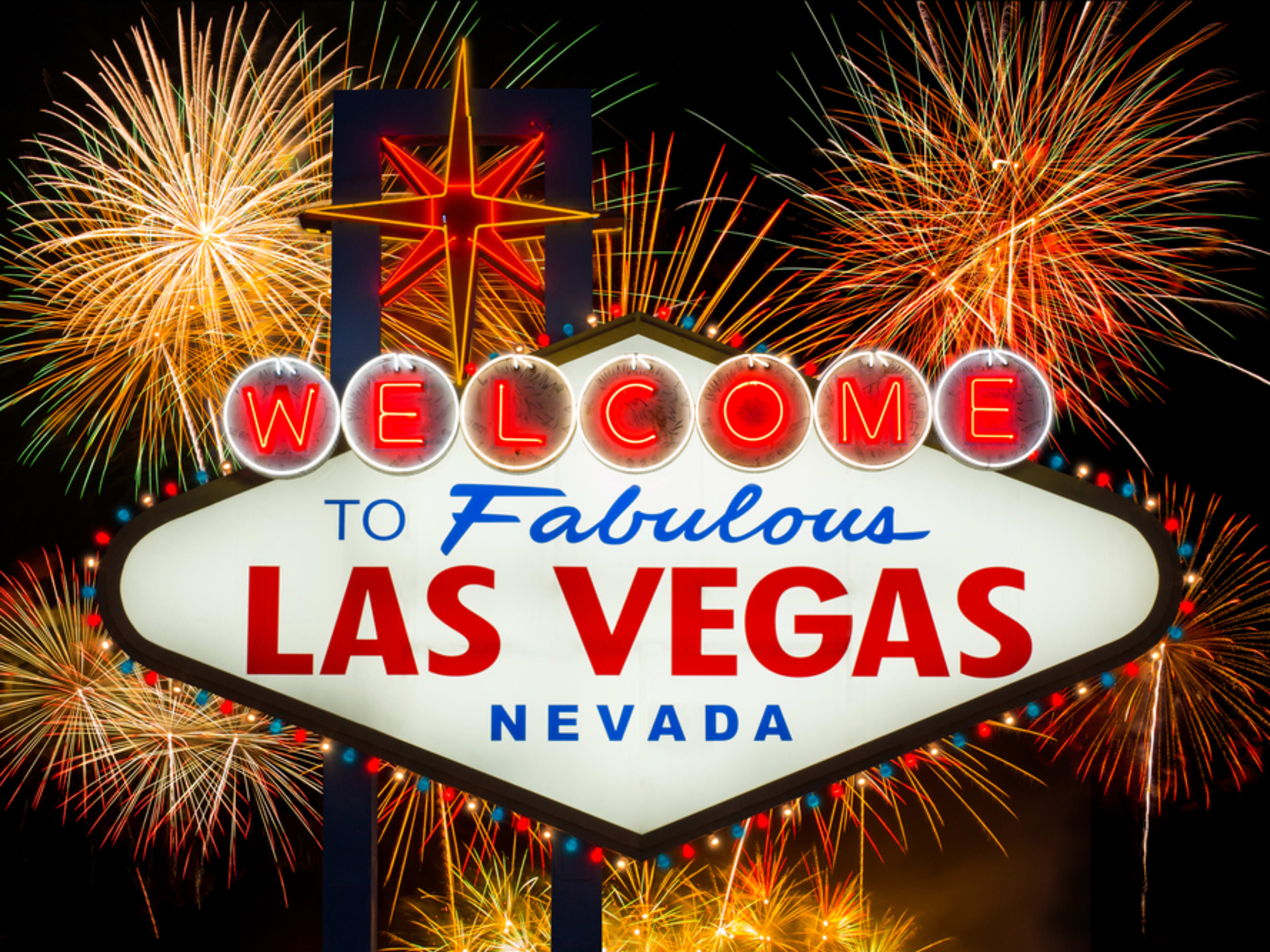 Cartel de Las Vegas con fuegos artificiales del 4 de julio. Qué hacer en Las Vegas el 4 de julio.