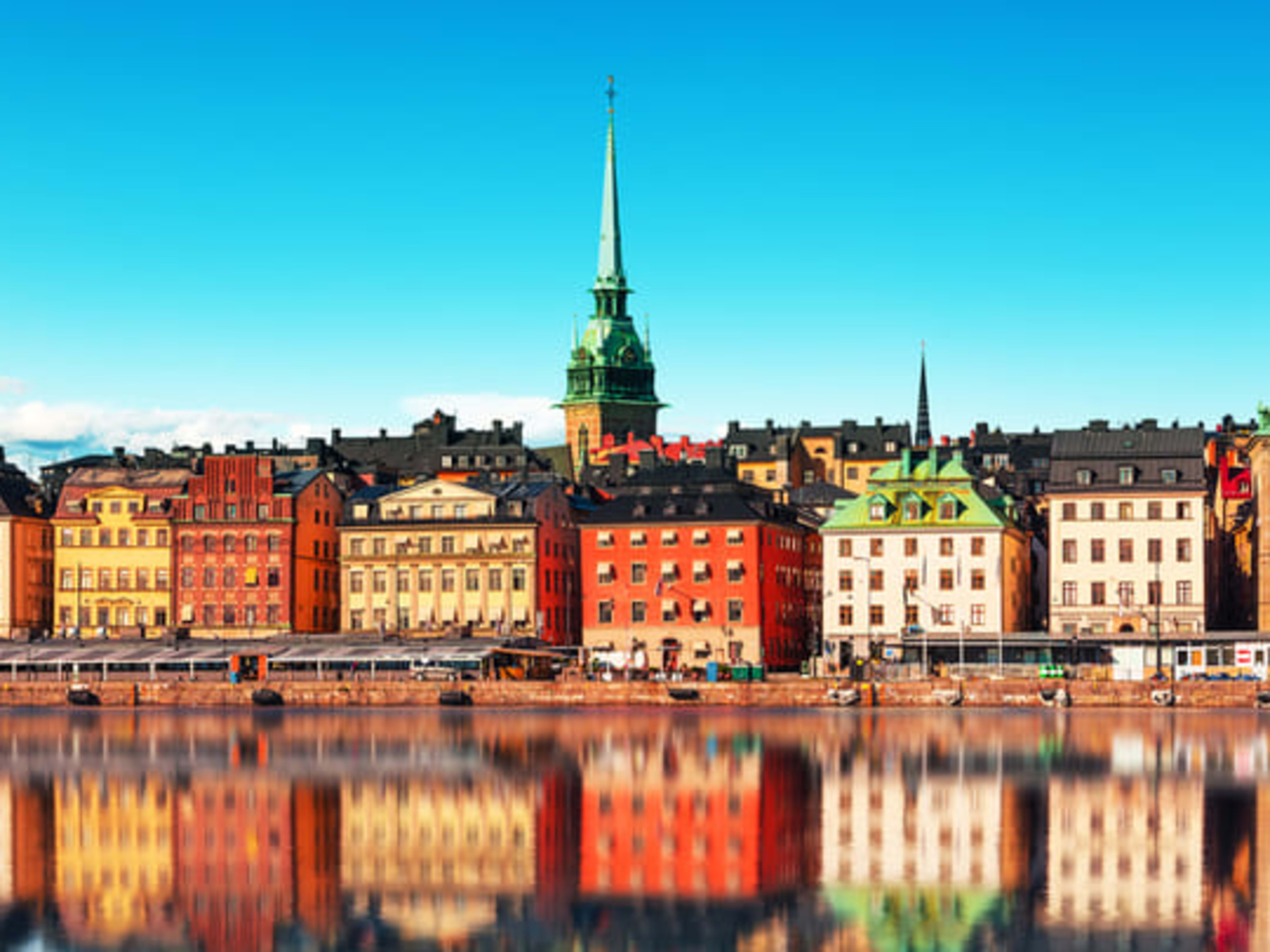 The skyline in Stockholm's old town, dominated by the towering spire of the German Church.