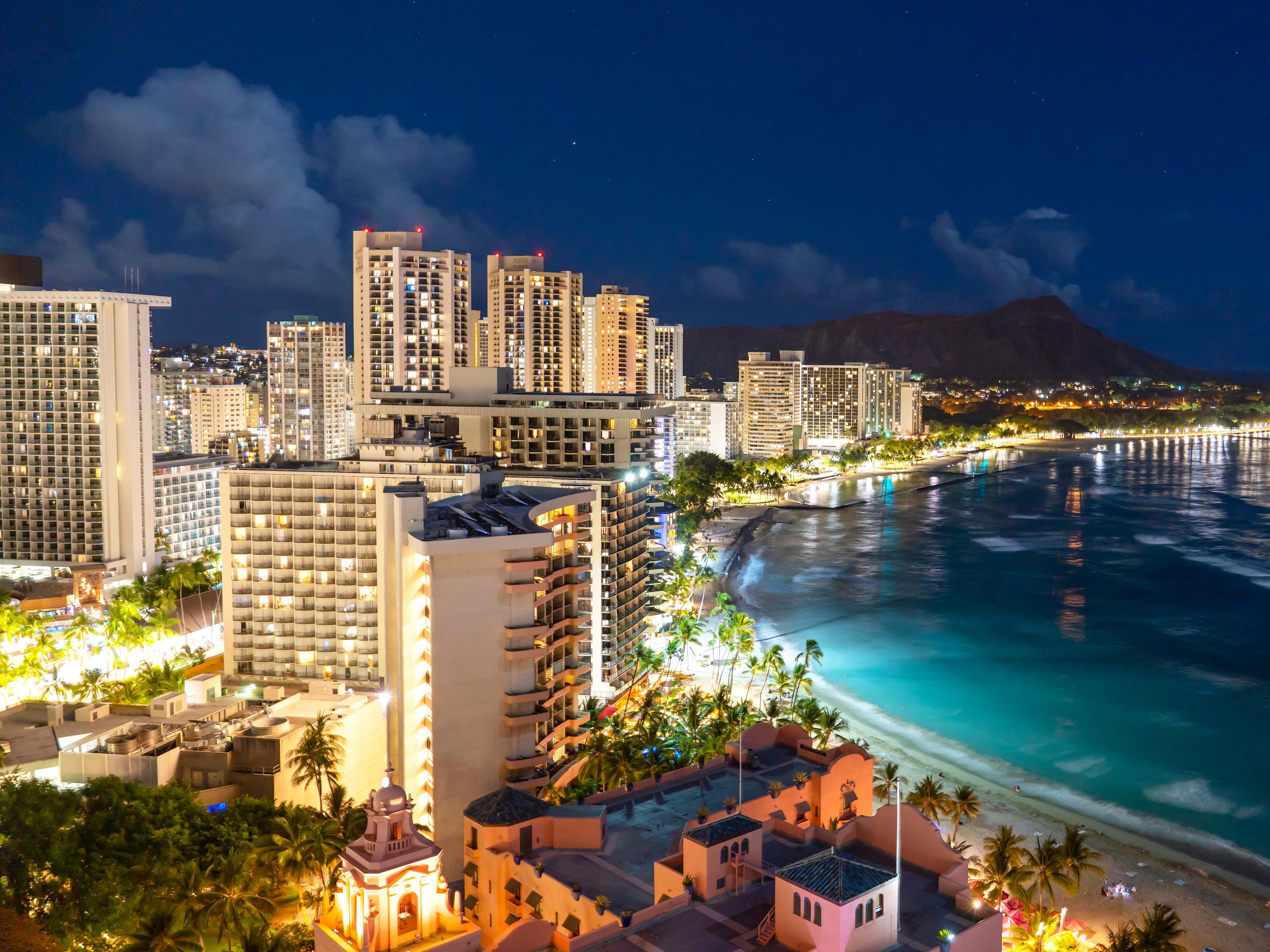 Night time skyline at Waikiki Beach on Oahu island, Hawaii