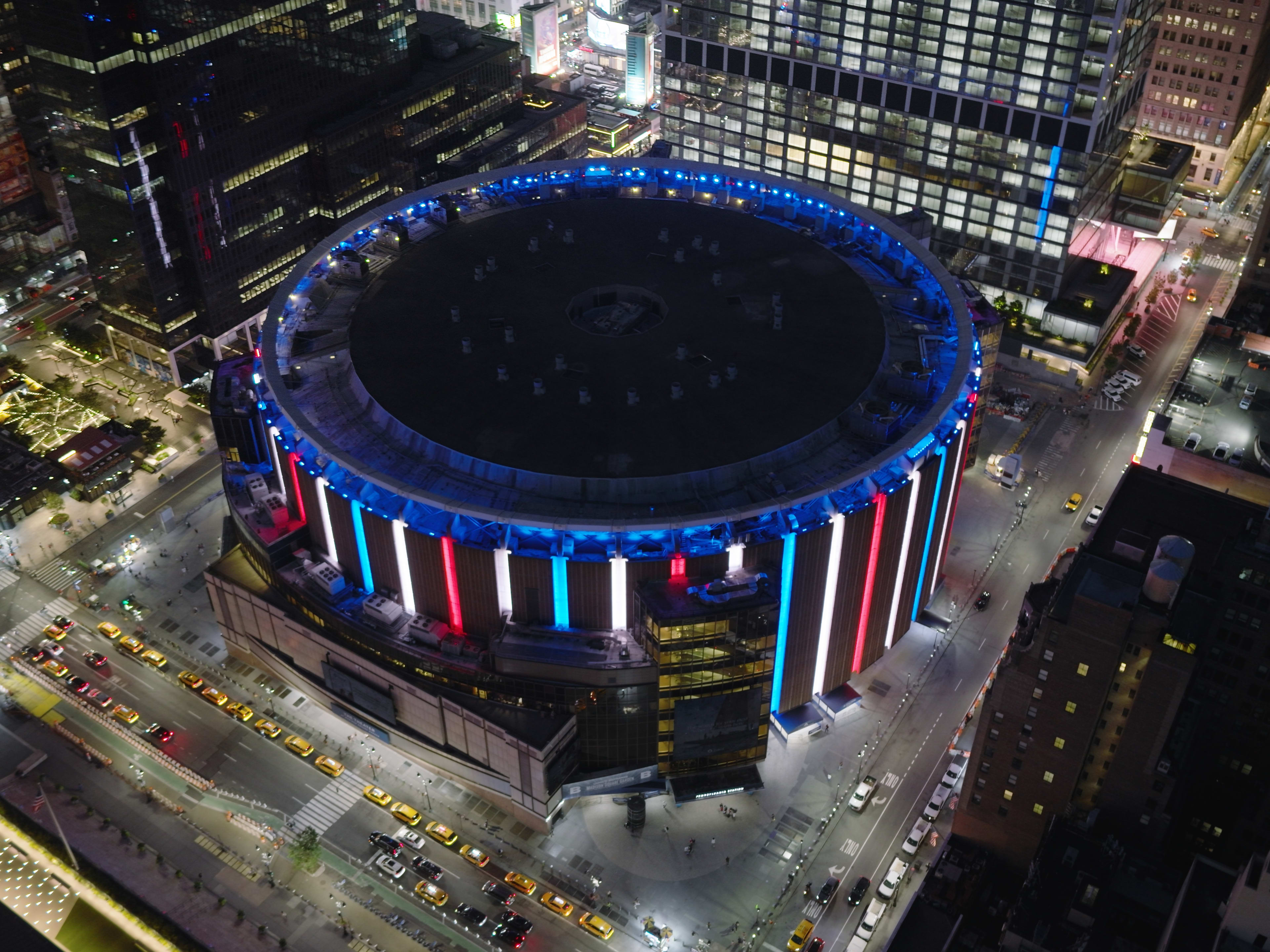 birds-eye shot of madison square garden at night