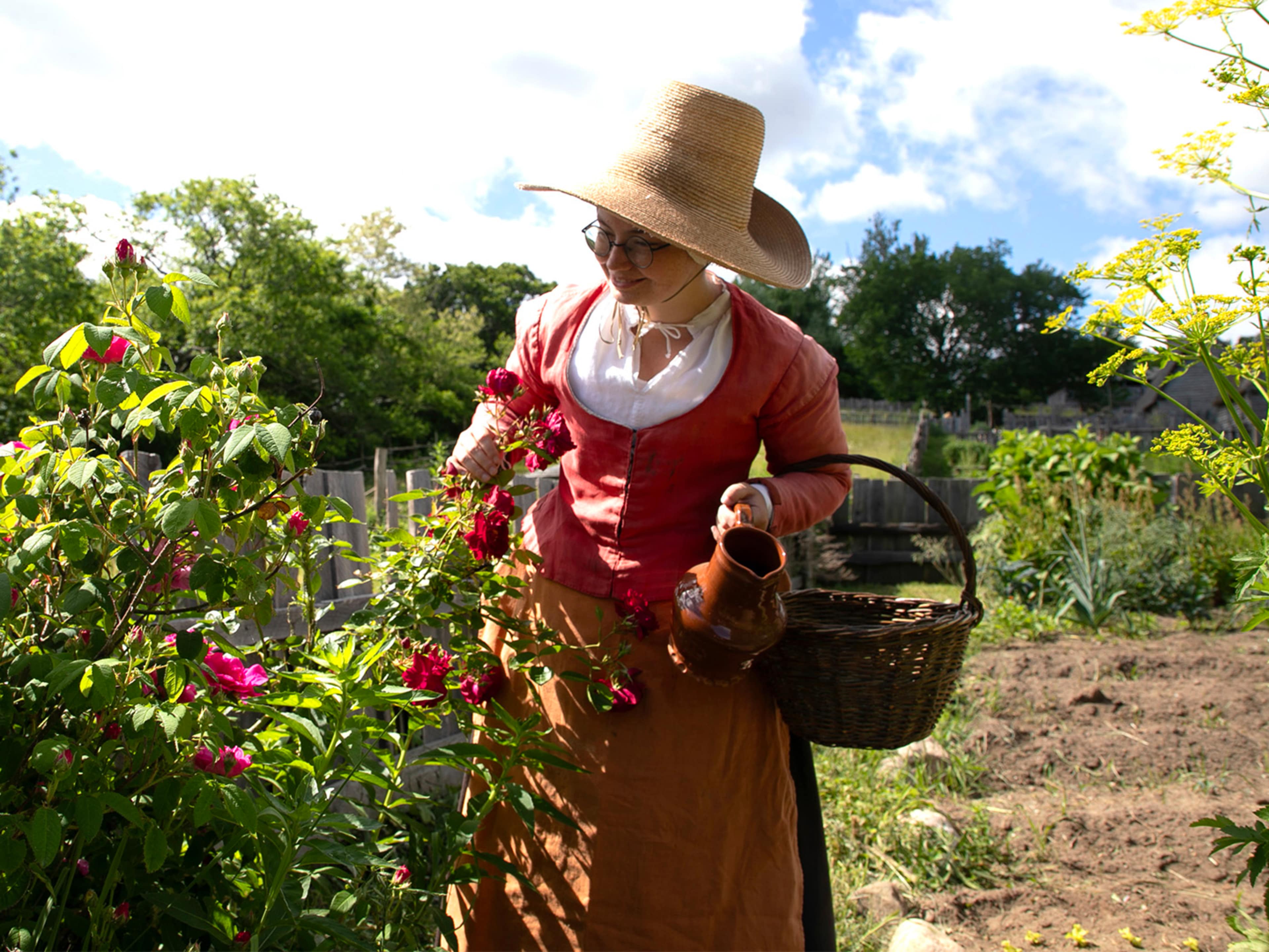 Woman at Plimoth Patuxet Looking at Roses