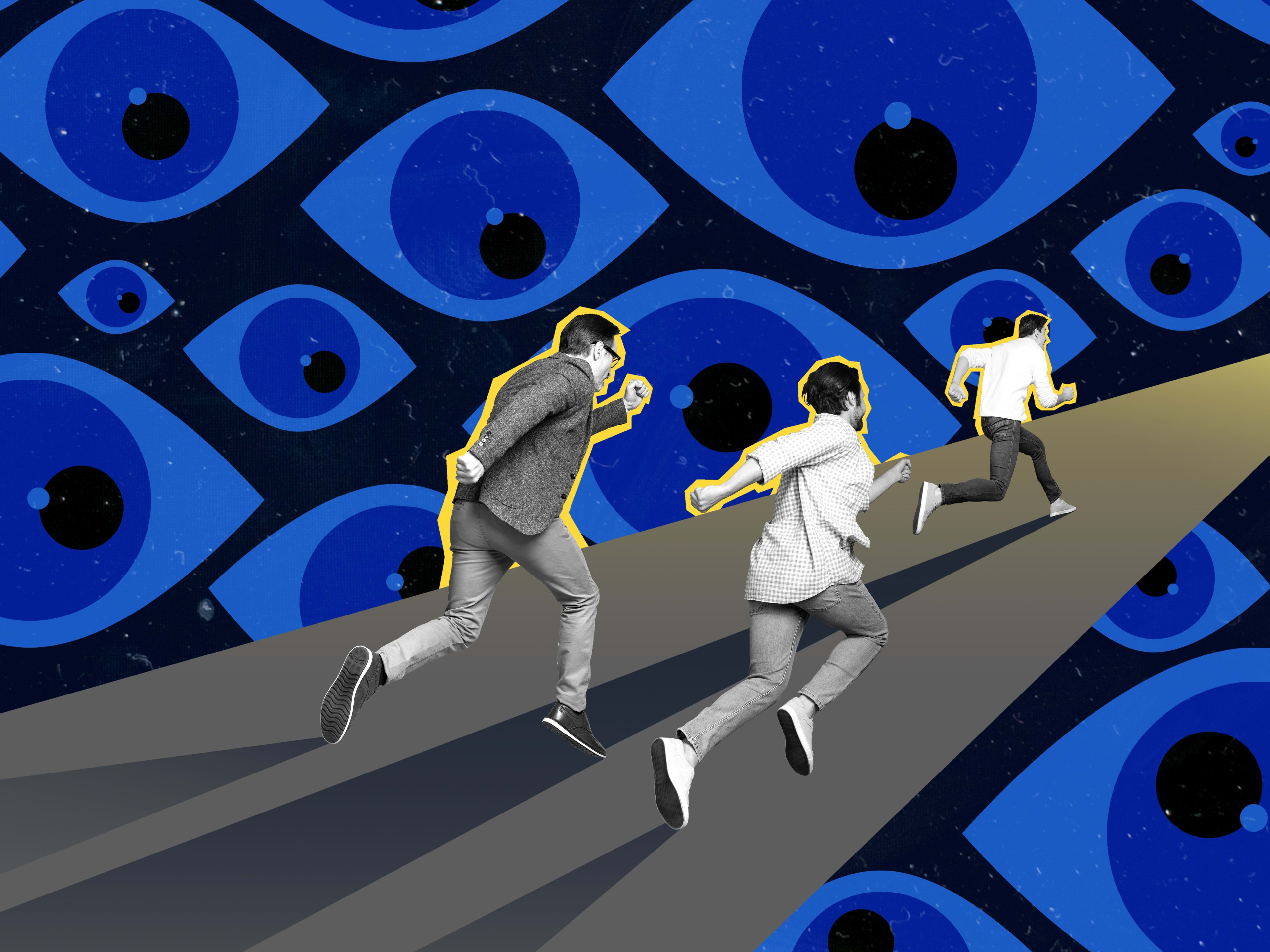 2d art of men running to an open door in an escape room while being watched by myriad eyes