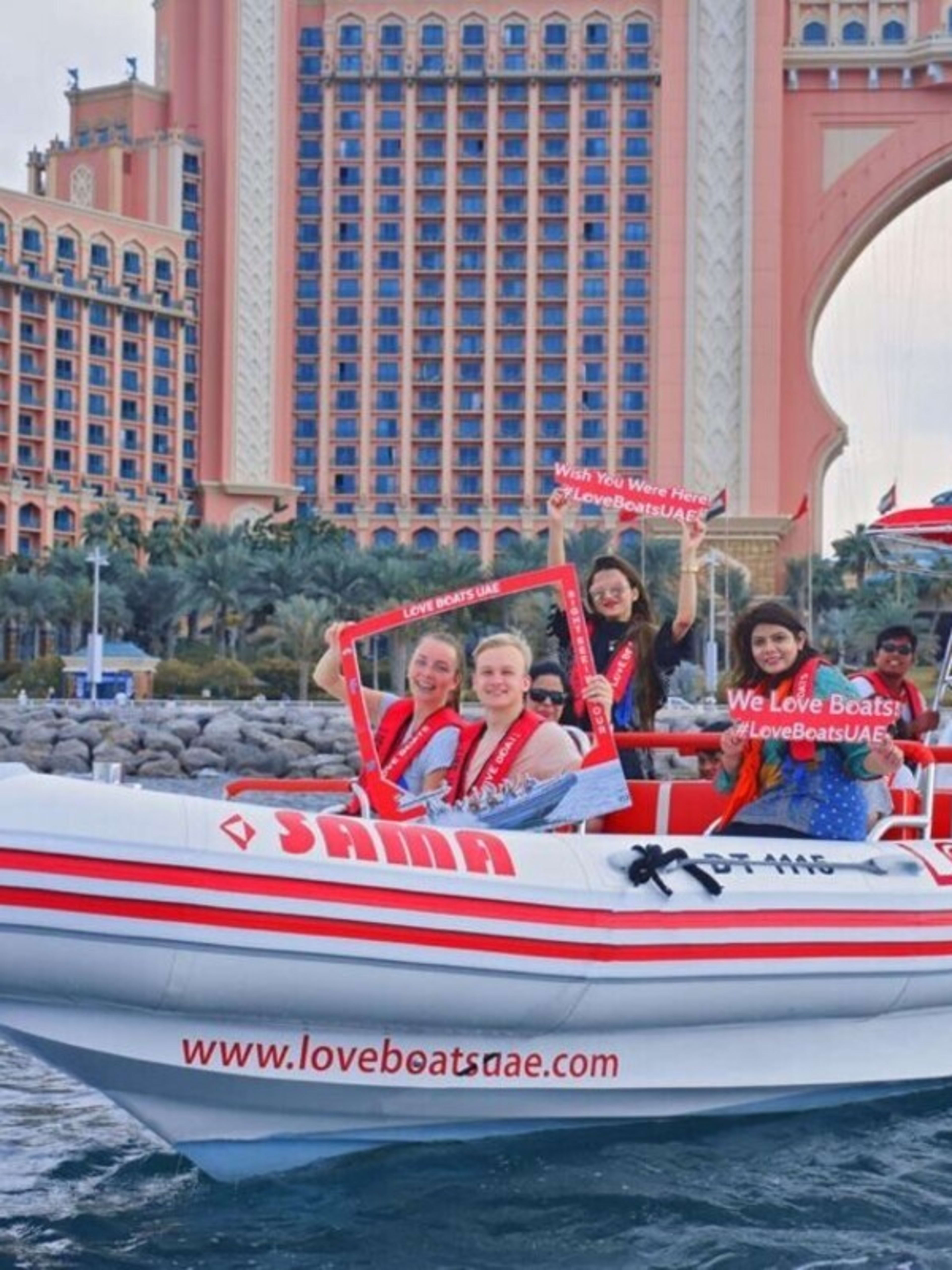 Love Boats speedboat tour pausing for photos in front of Atlantis The Palm, Dubai.