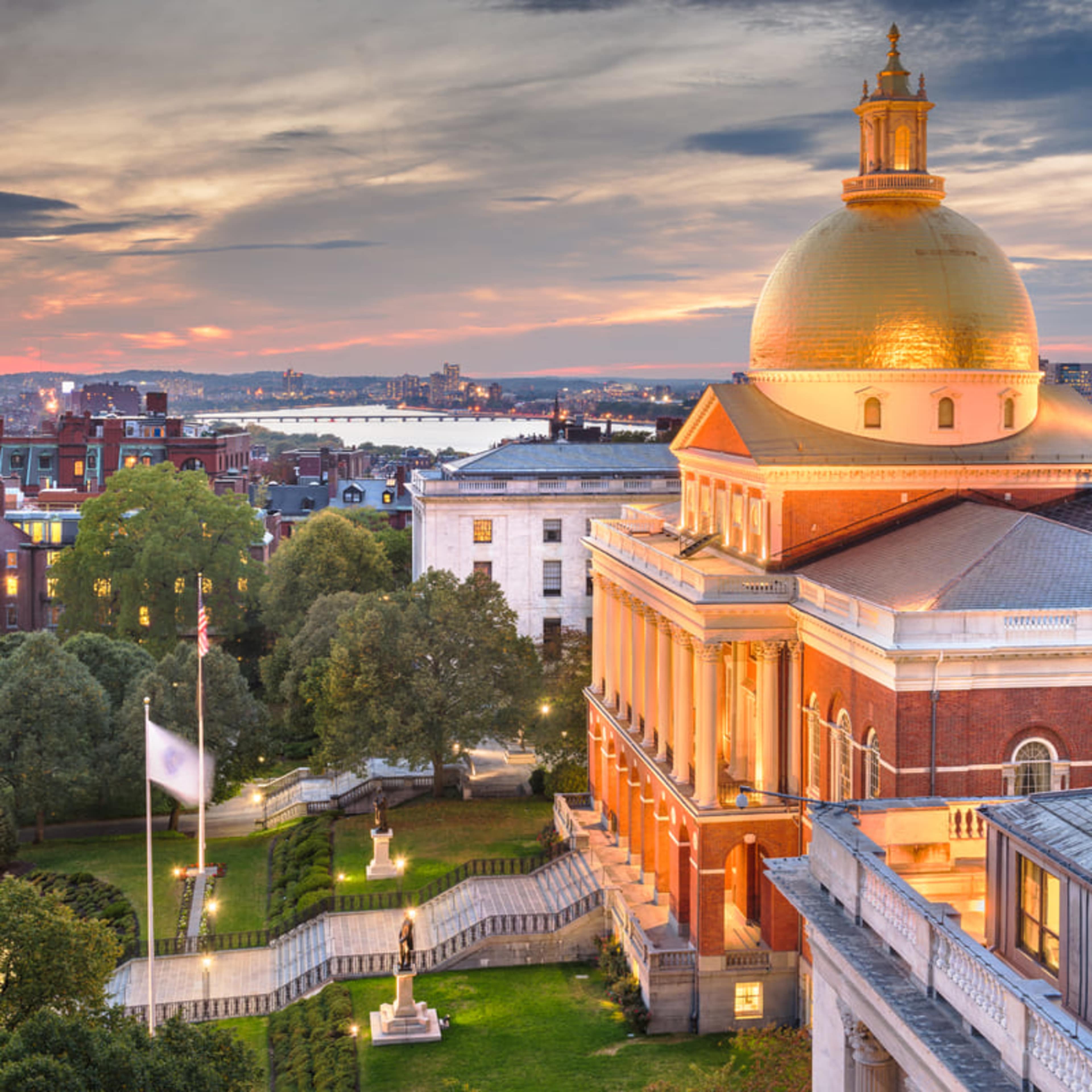 The Massachusetts State House in Boston at dusk
