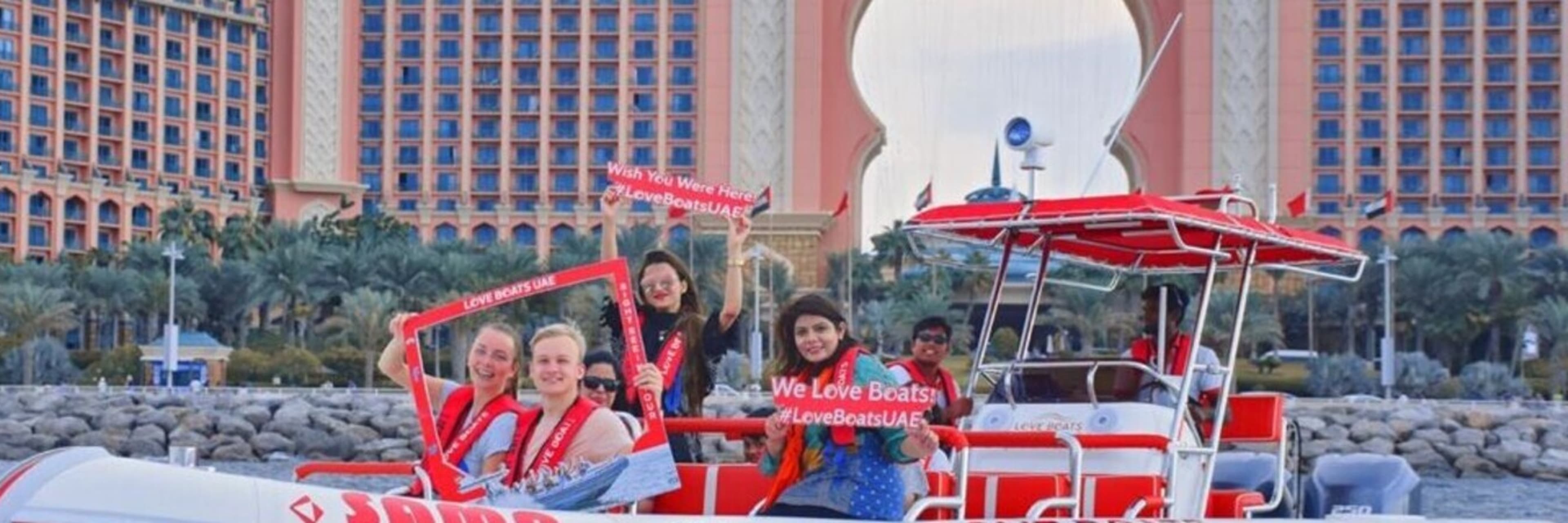 Love Boats speedboat tour pausing for photos in front of Atlantis The Palm, Dubai.