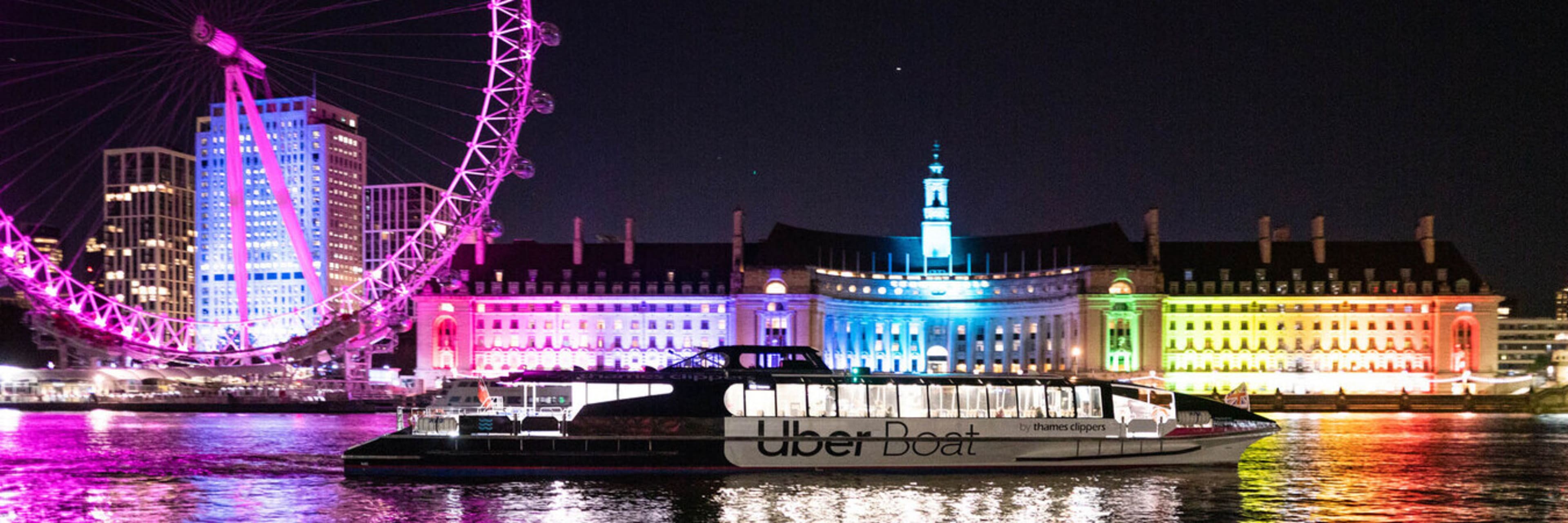 Uber Boat by Thames Clippers at night.