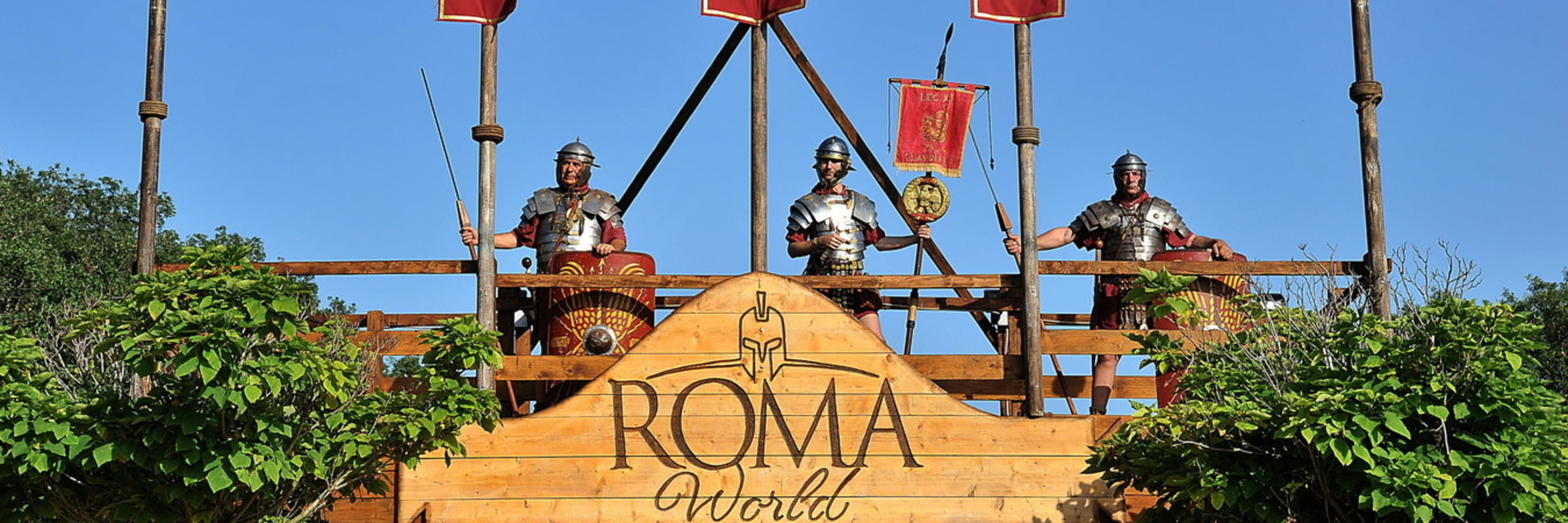 Ancient Roman guards stand sentry at the entrance to Roma World.