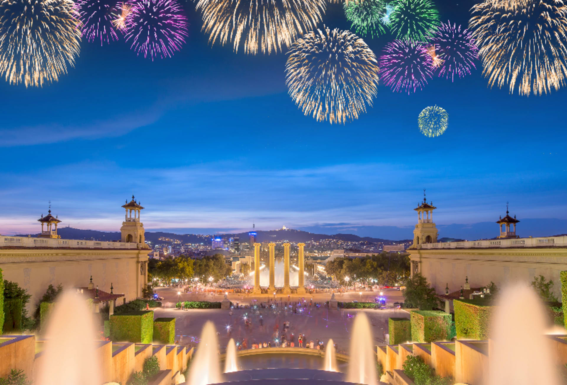 Firework display over the Font Magica de Montjuïc on New Year's Eve