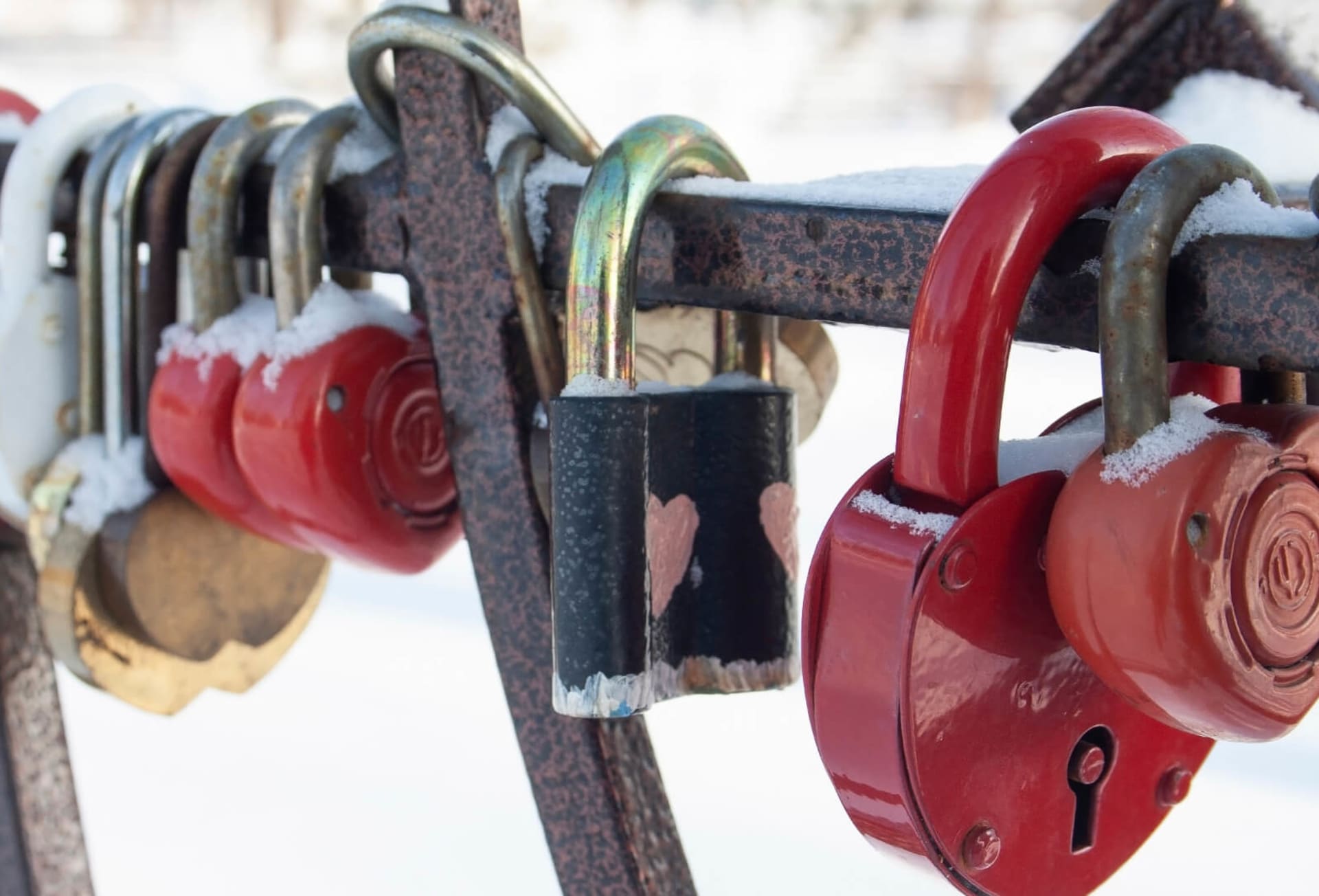 Close up of love locks attached to the Pont des Arts in Paris