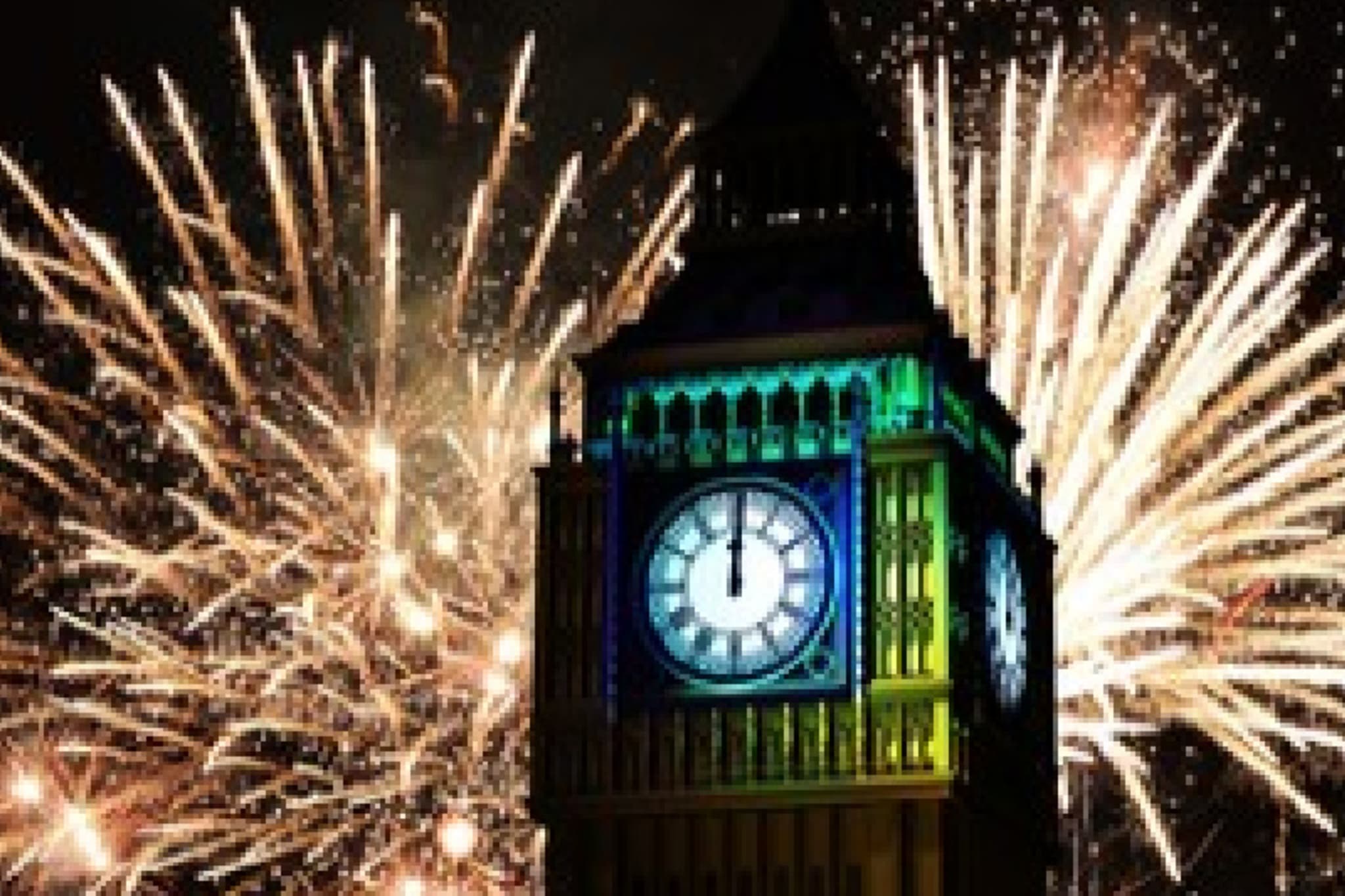 Fireworks around Big Ben at midnight in London