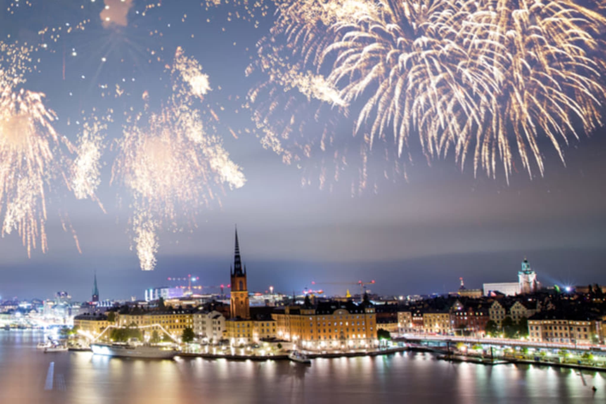 New Year's Eve fireworks over Stockholm's old town.