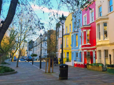 Colorful houses in the Portobello Road area of Notting Hill, West London.