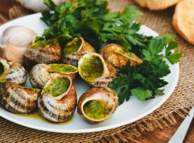Plate of snails with garlic butter and parsley