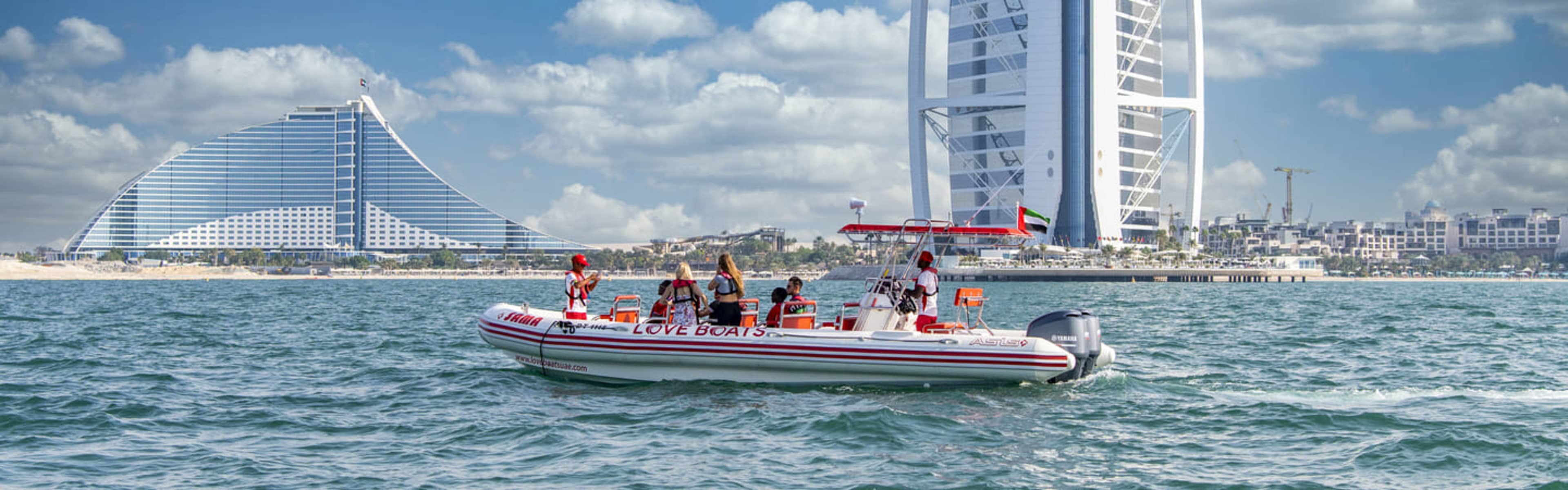 Love Boats speedboat tour on the water in Dubai.