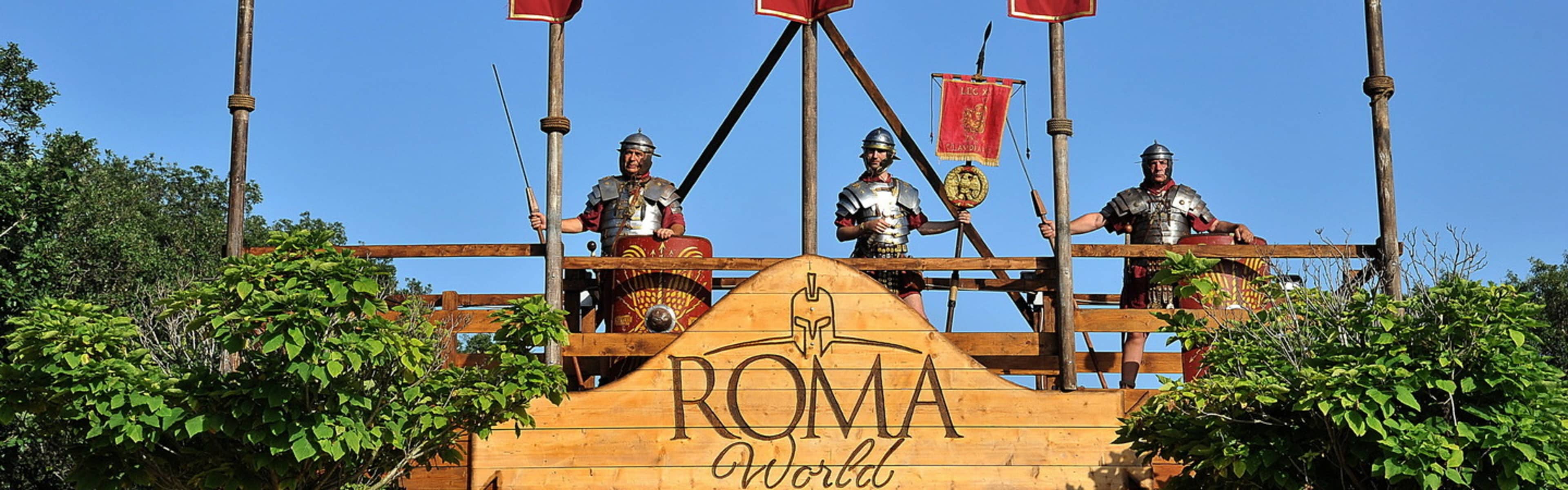 Ancient Roman guards stand sentry at the entrance to Roma World.