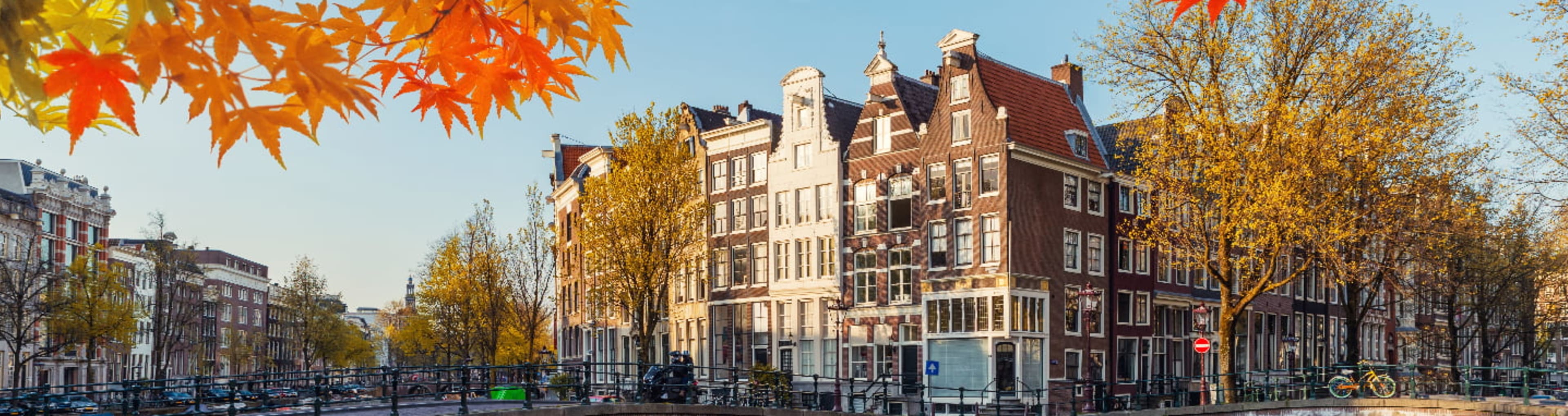 Amsterdam bridge and canal houses surrounded by fall-colored trees