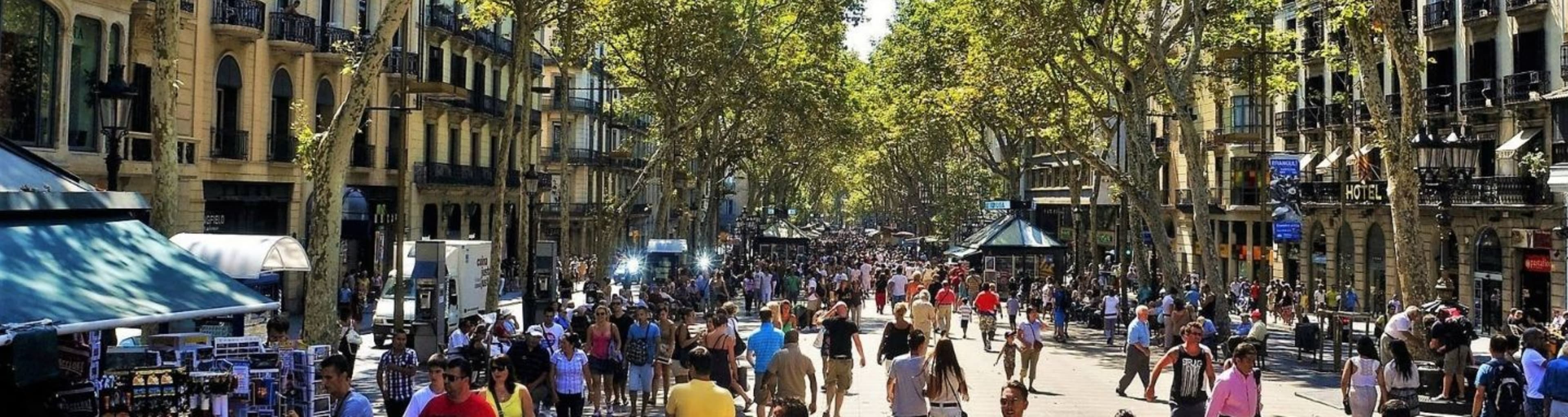 Wide view of La Rambla Barcelona - tree lined street, shoppers and stalls