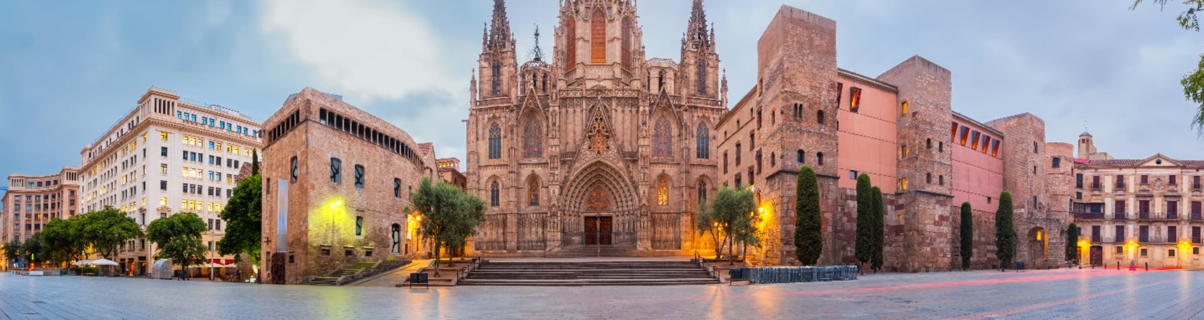 Panoramic view of Barcelona Cathedral in the Gothic Quarter