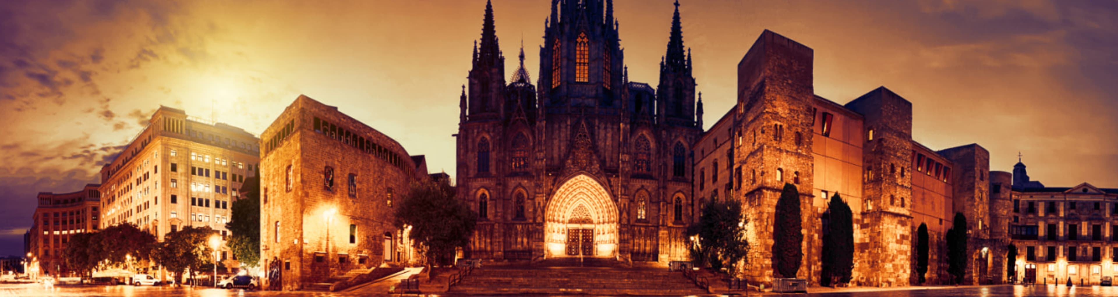 Panoramic view of Barcelona's Gothic Quarter in the evening