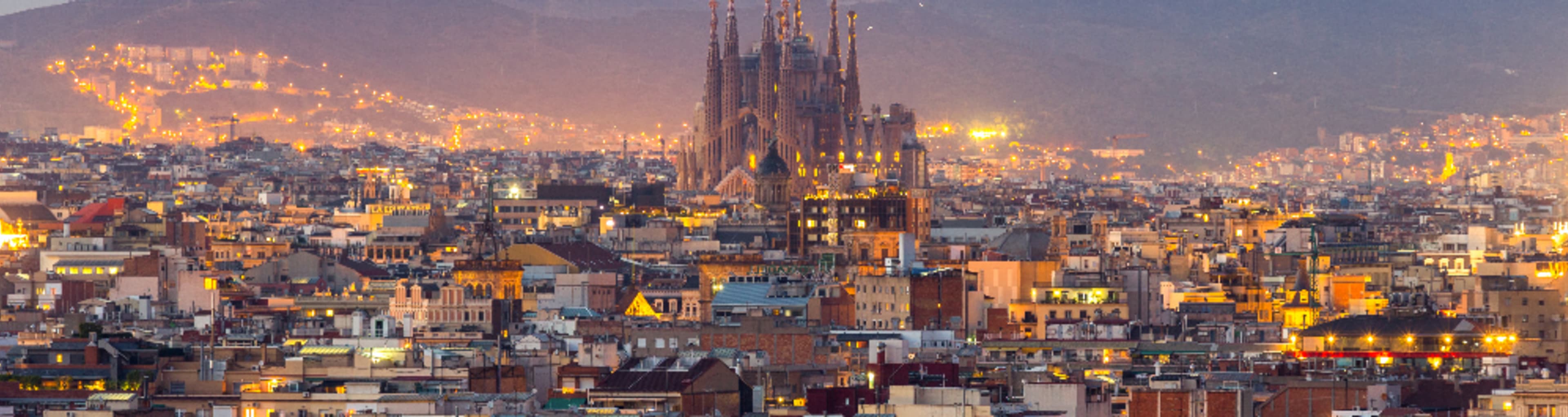 High-angle view over Barcelona at dusk