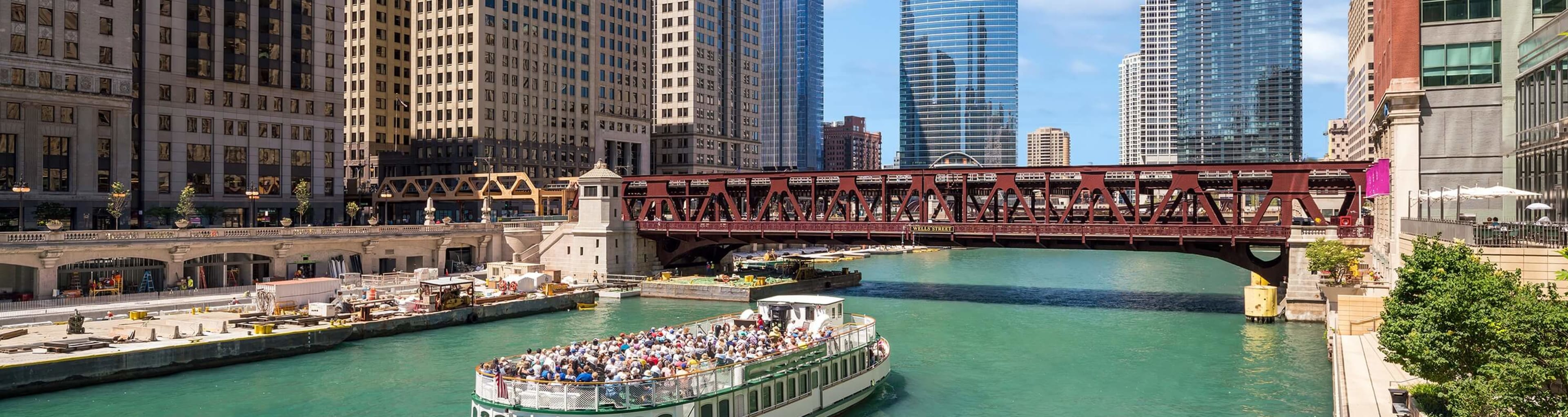 A boat traveling along the Chicago River