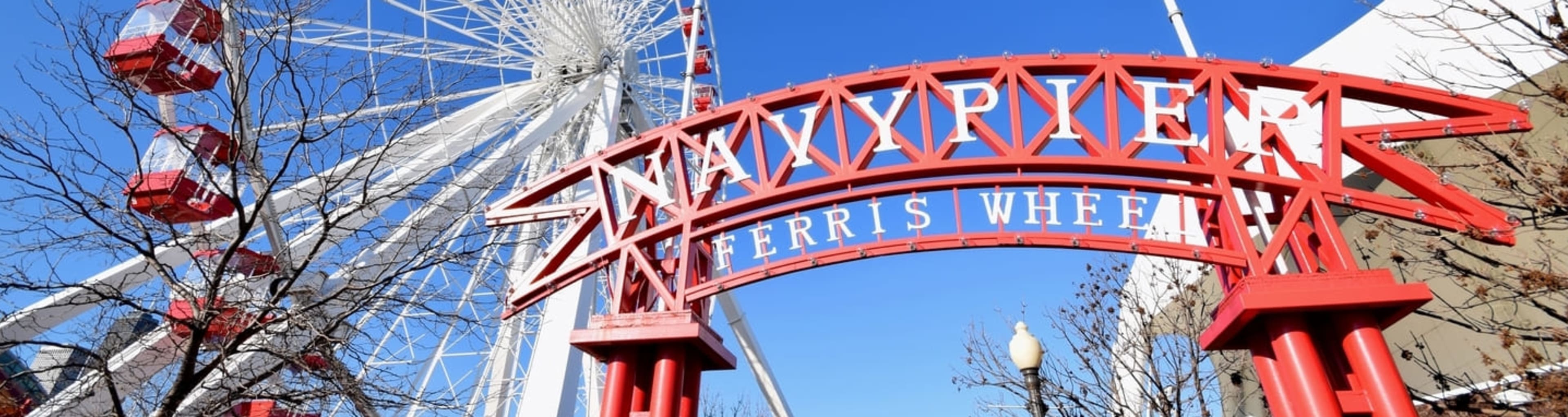 The Navy Pier entrance and Ferris wheel in Chicago