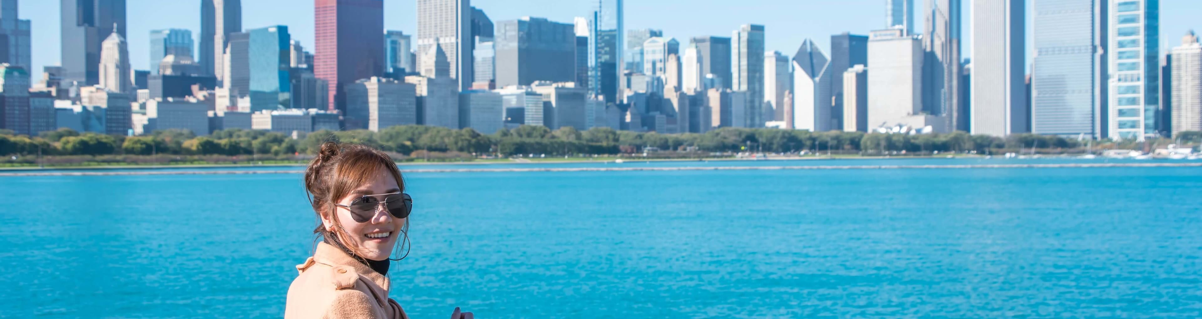 A visitor takes in the Chicago skyline