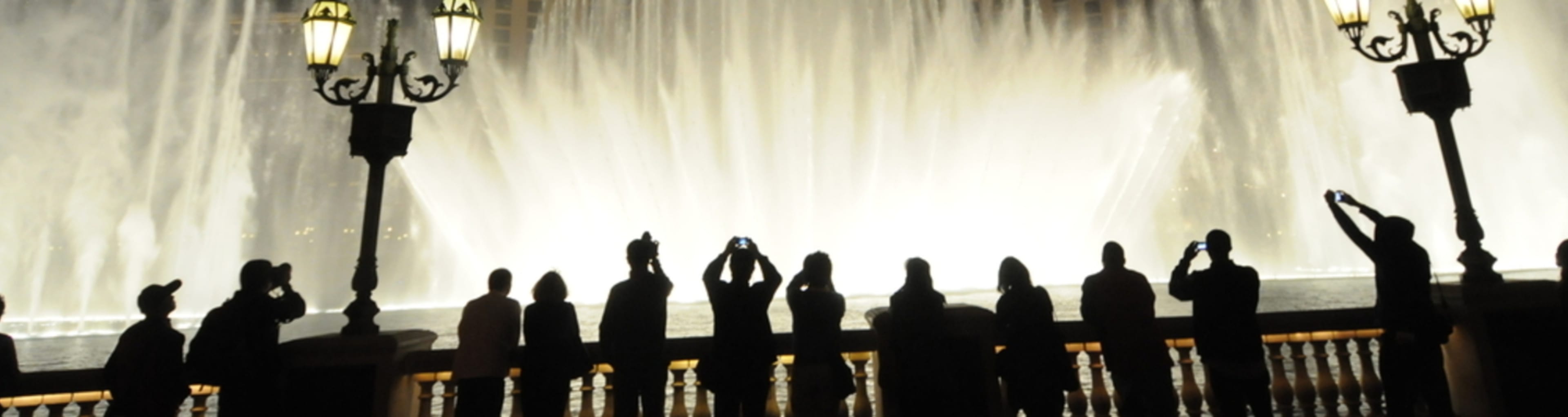 Spectators watching the Bellagio Fountains by night.