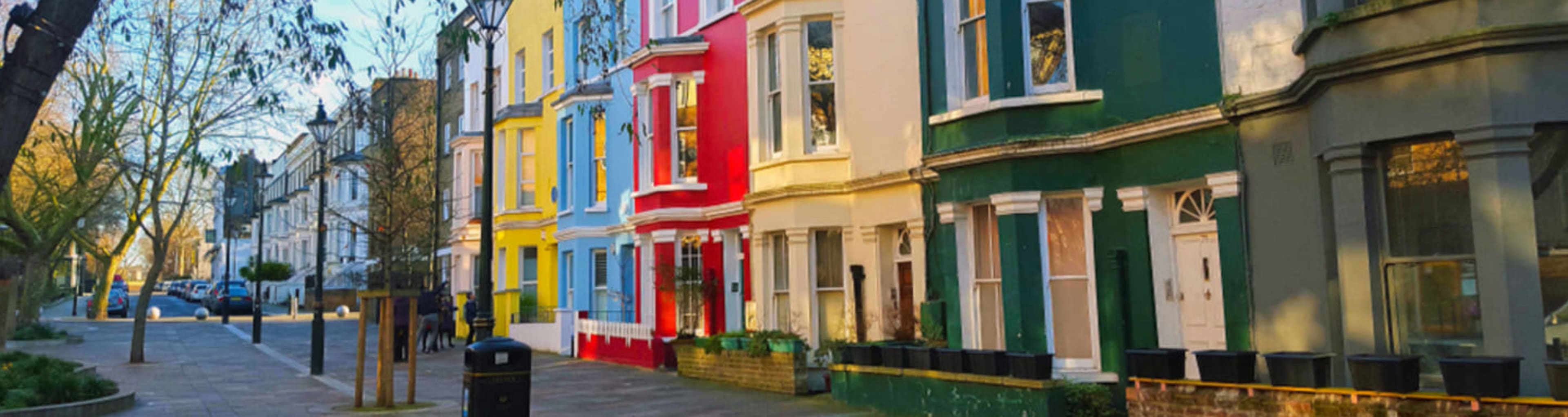 Colorful houses in the Portobello Road area of Notting Hill, West London.