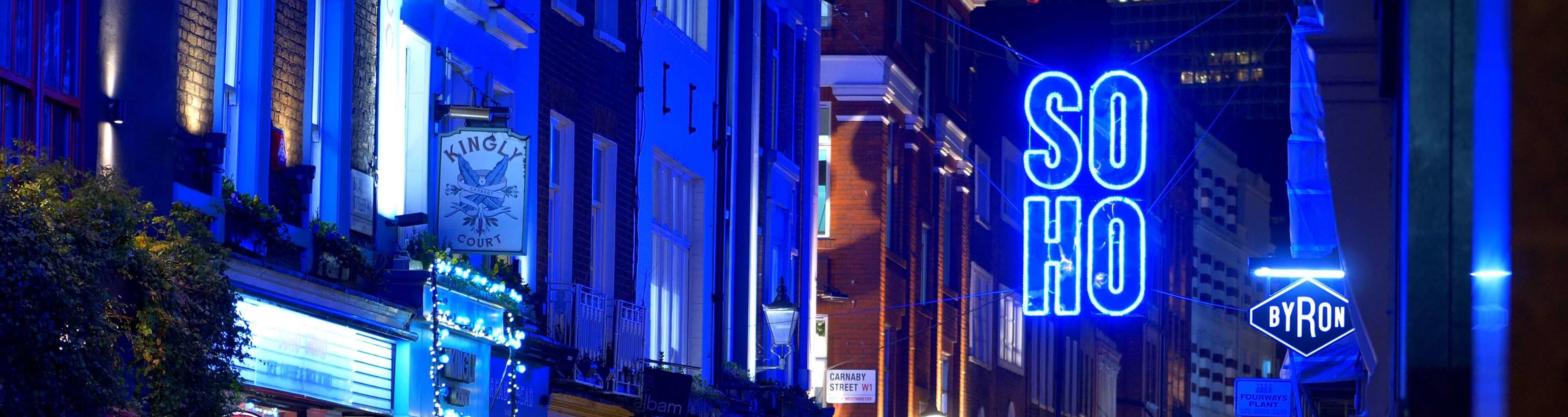 London's Soho lit up neon blue at night