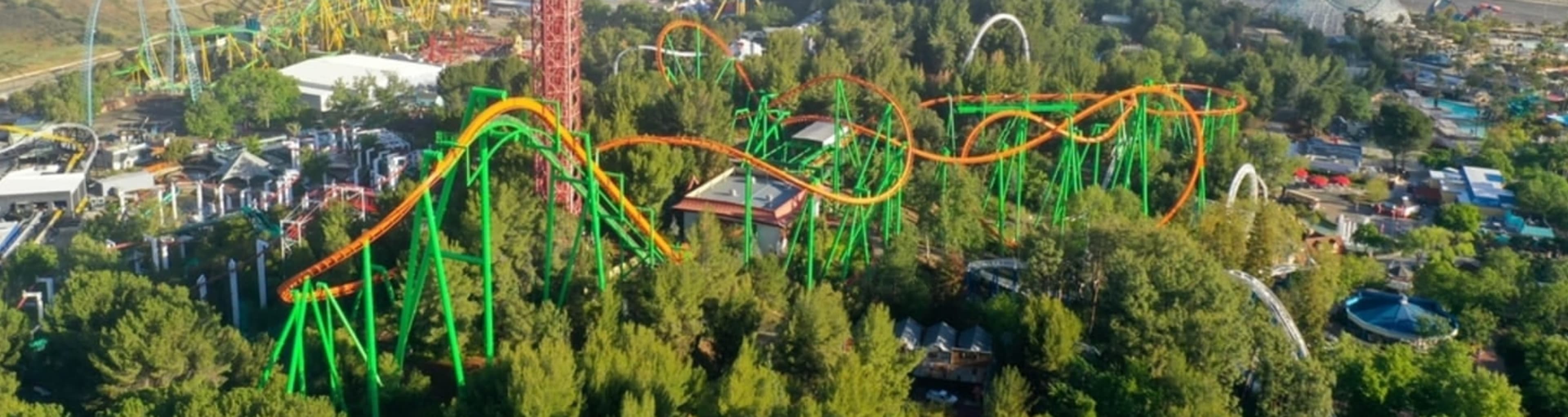 Aerial view of the Six Flags Magic Mountain theme park in California.