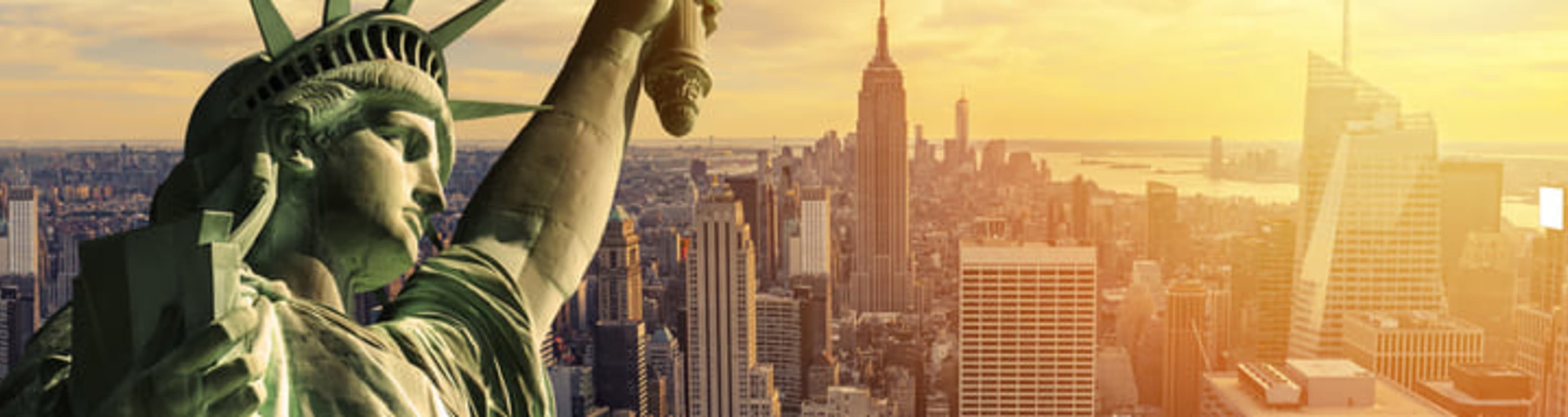 Statue of Liberty in close-up with the New York skyline beyond.