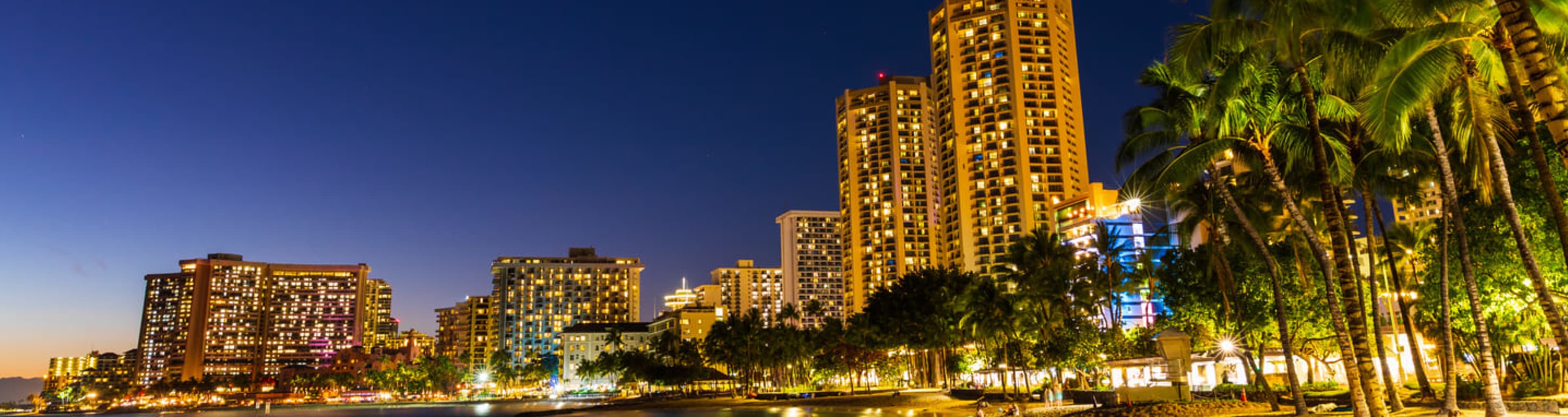 Night time skyline at Waikiki Beach on Oahu island, Hawaii