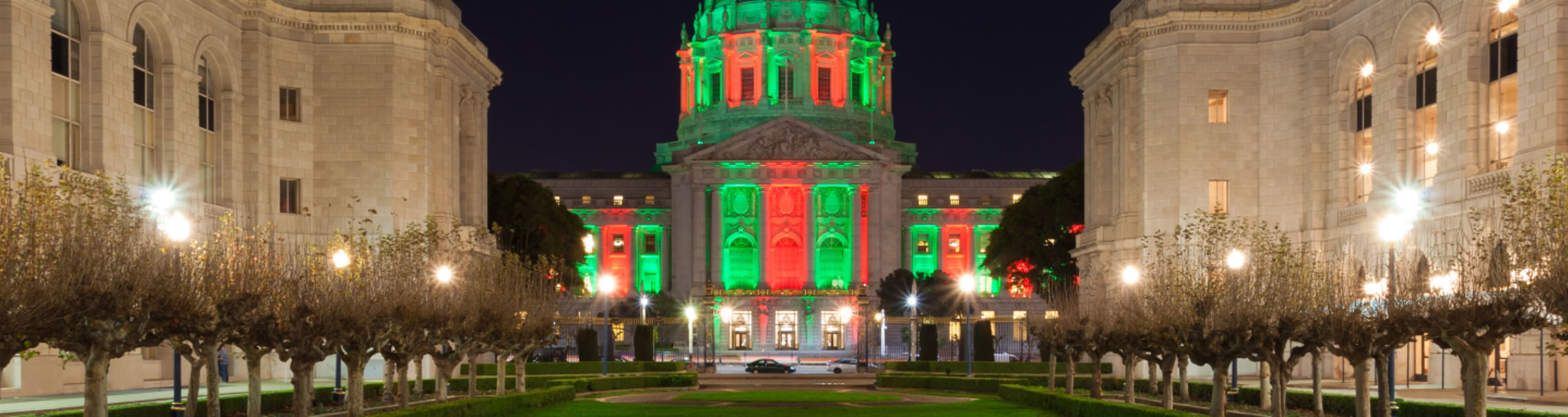 San Francisco City Hall illuminated in festive colors
